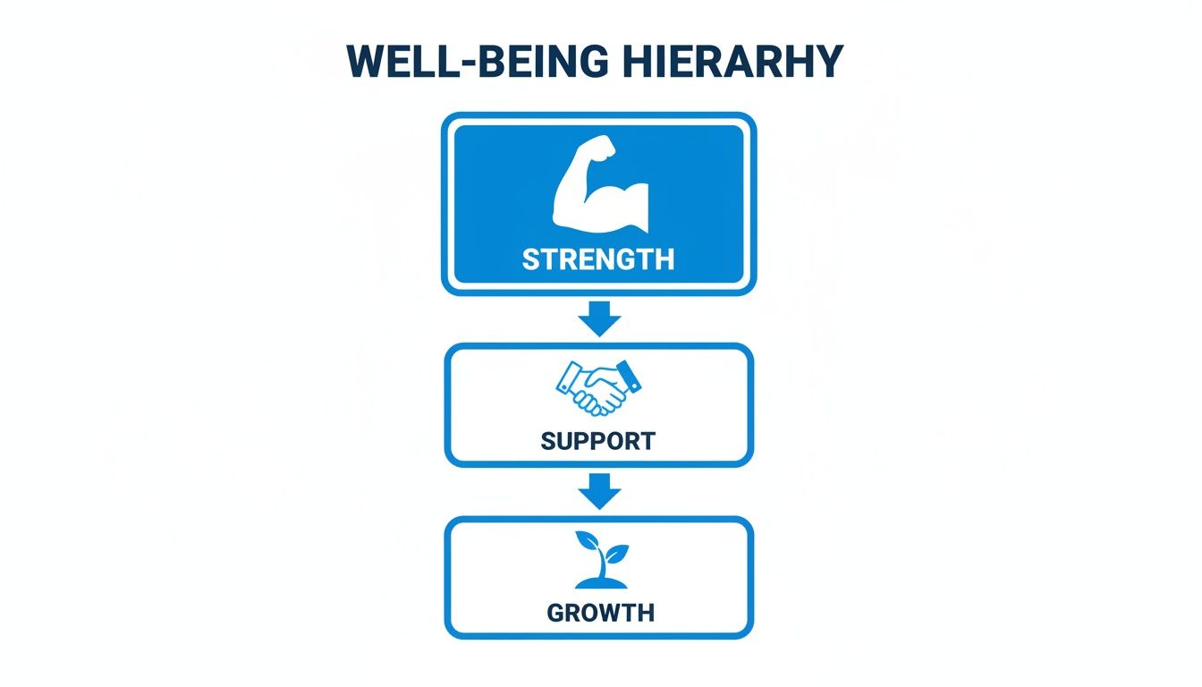 Diagram depicting the Well-Being Hierarchy with Strength, Support, and Growth stages.