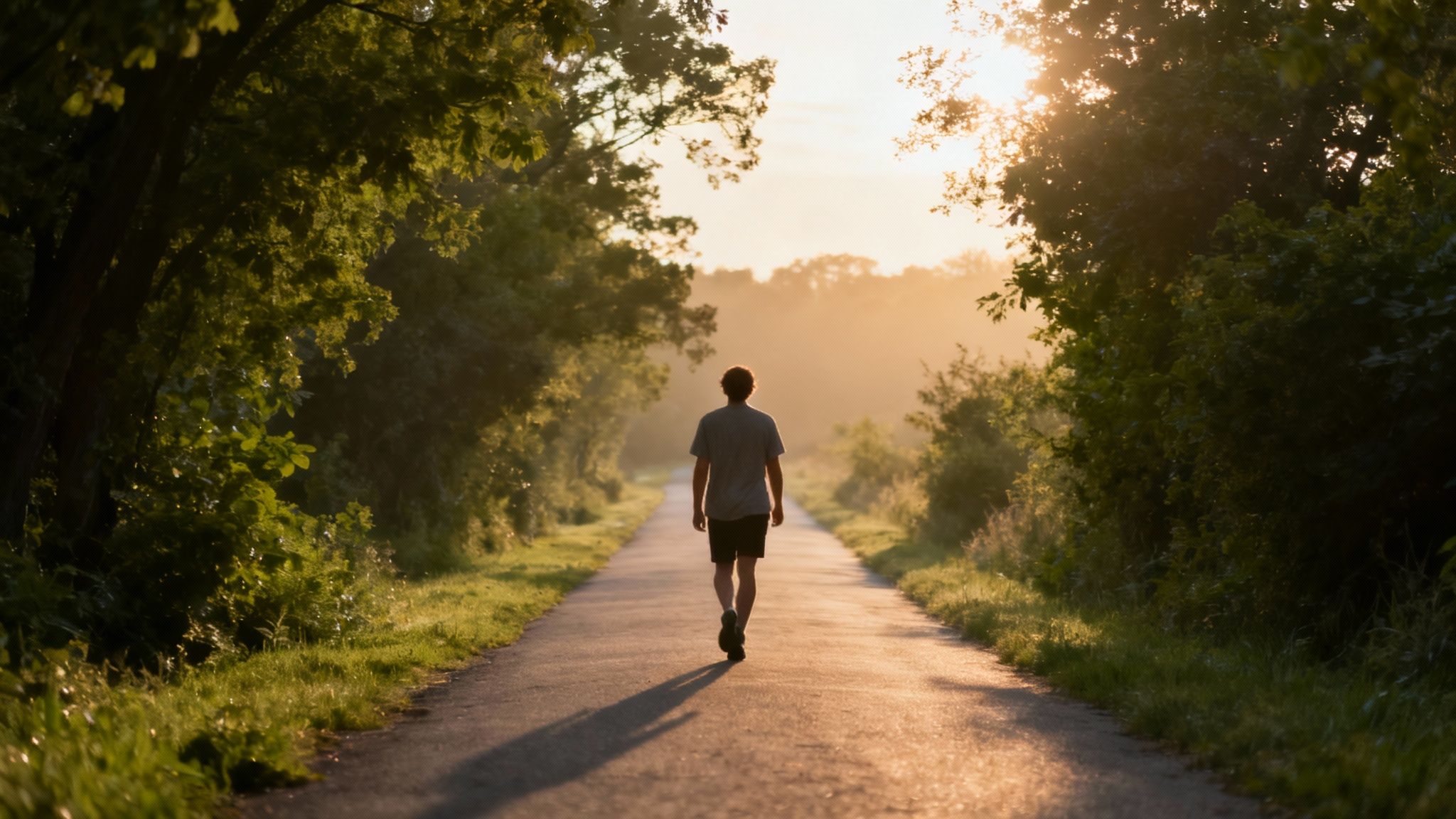 A person practising yoga on a mat outdoors, with a serene natural backdrop suggesting peace and long-term well-being.
