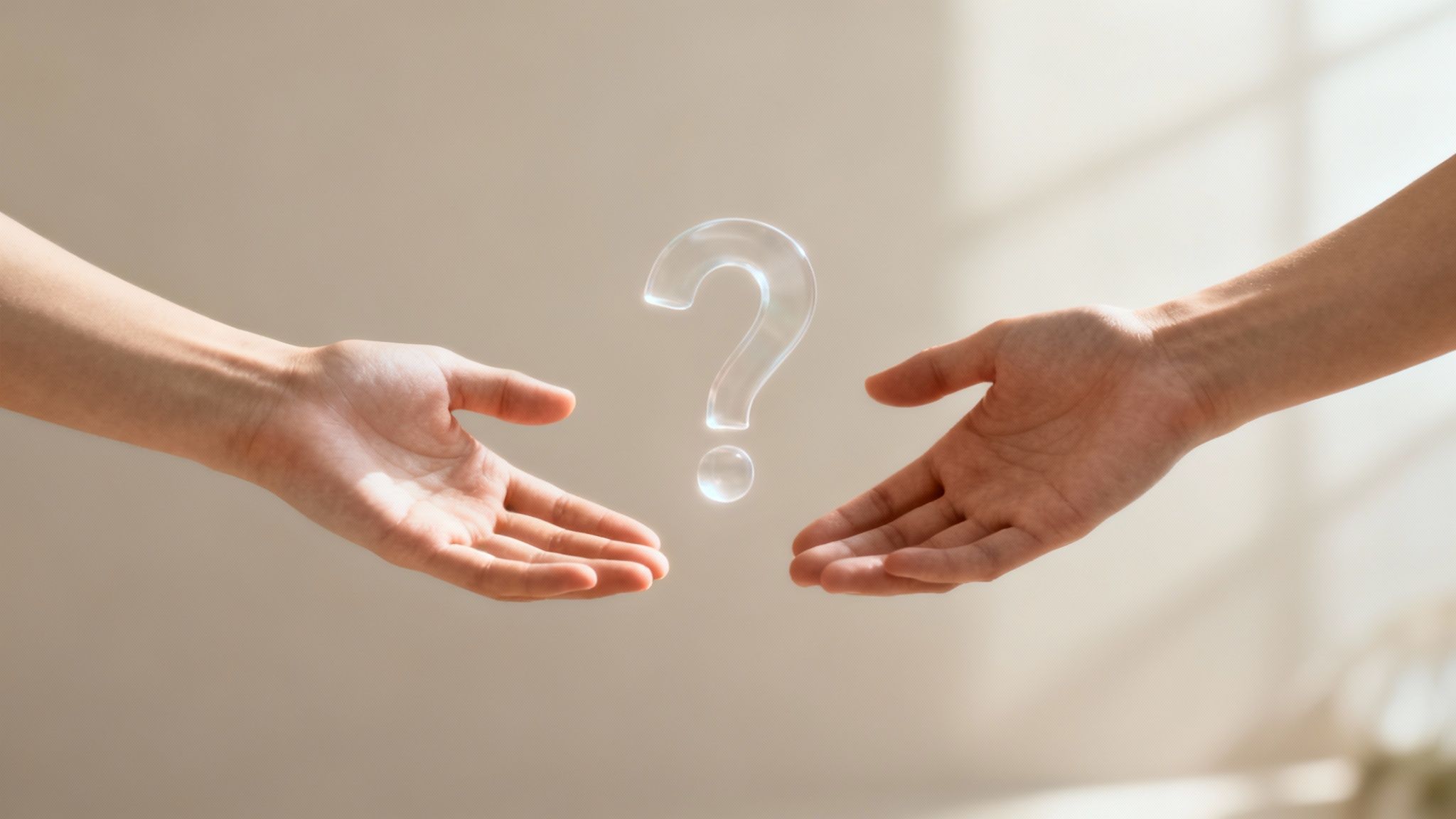 Two hands reaching out towards a glowing, transparent question mark in the center.