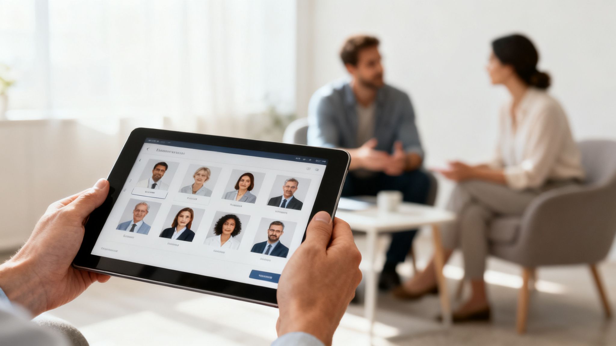 Person holding a tablet showing diverse professional headshots, with a blurred couple in a counseling session.