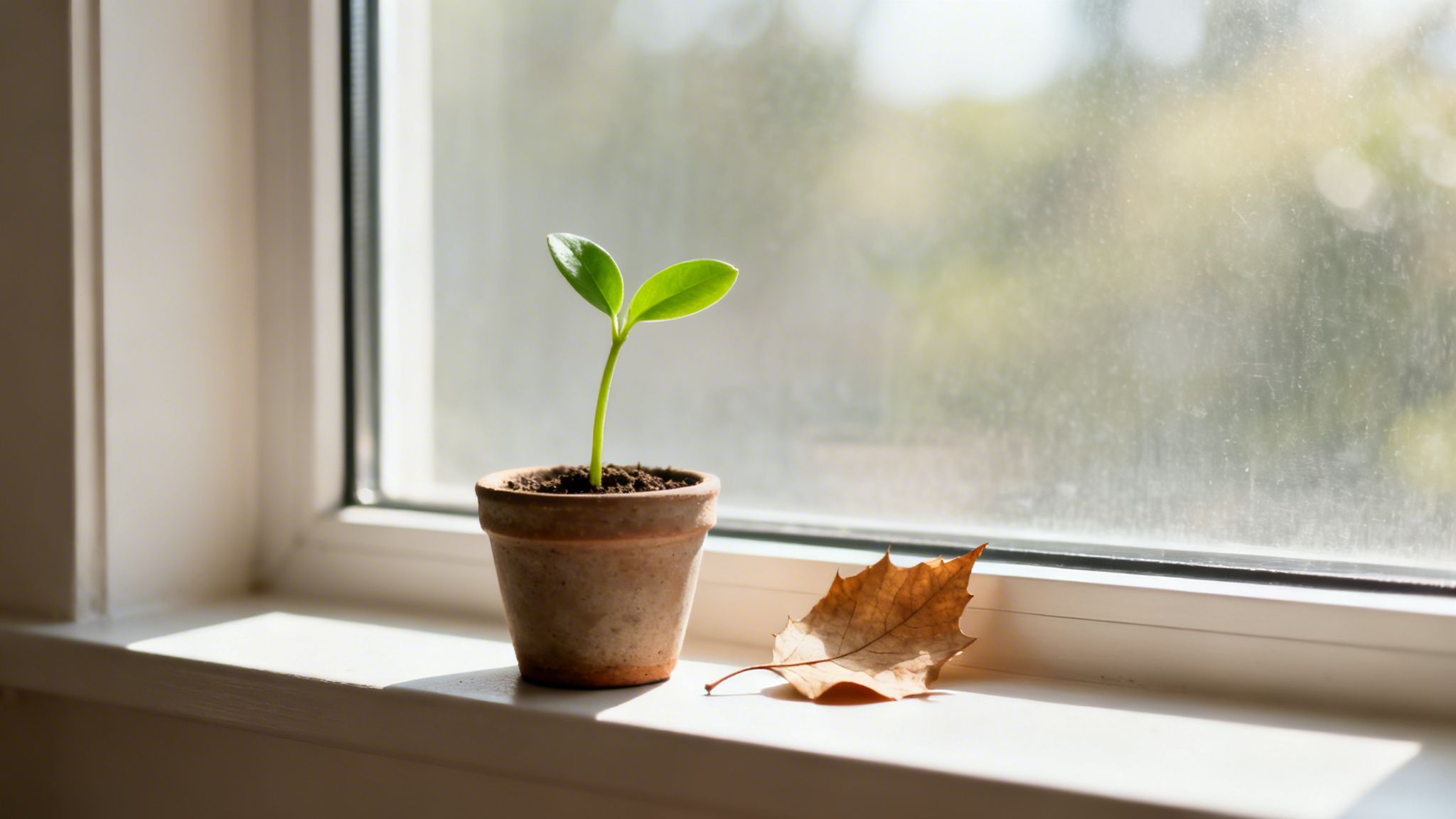 A vibrant green sprout in a terracotta pot sits on a sunlit window sill next to a dried leaf.