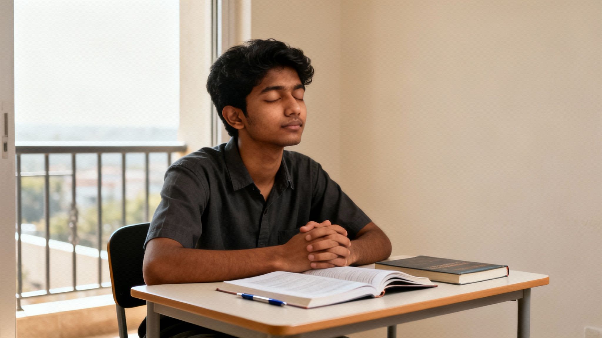 A young man meditating with closed eyes at a desk with books and a pen.
