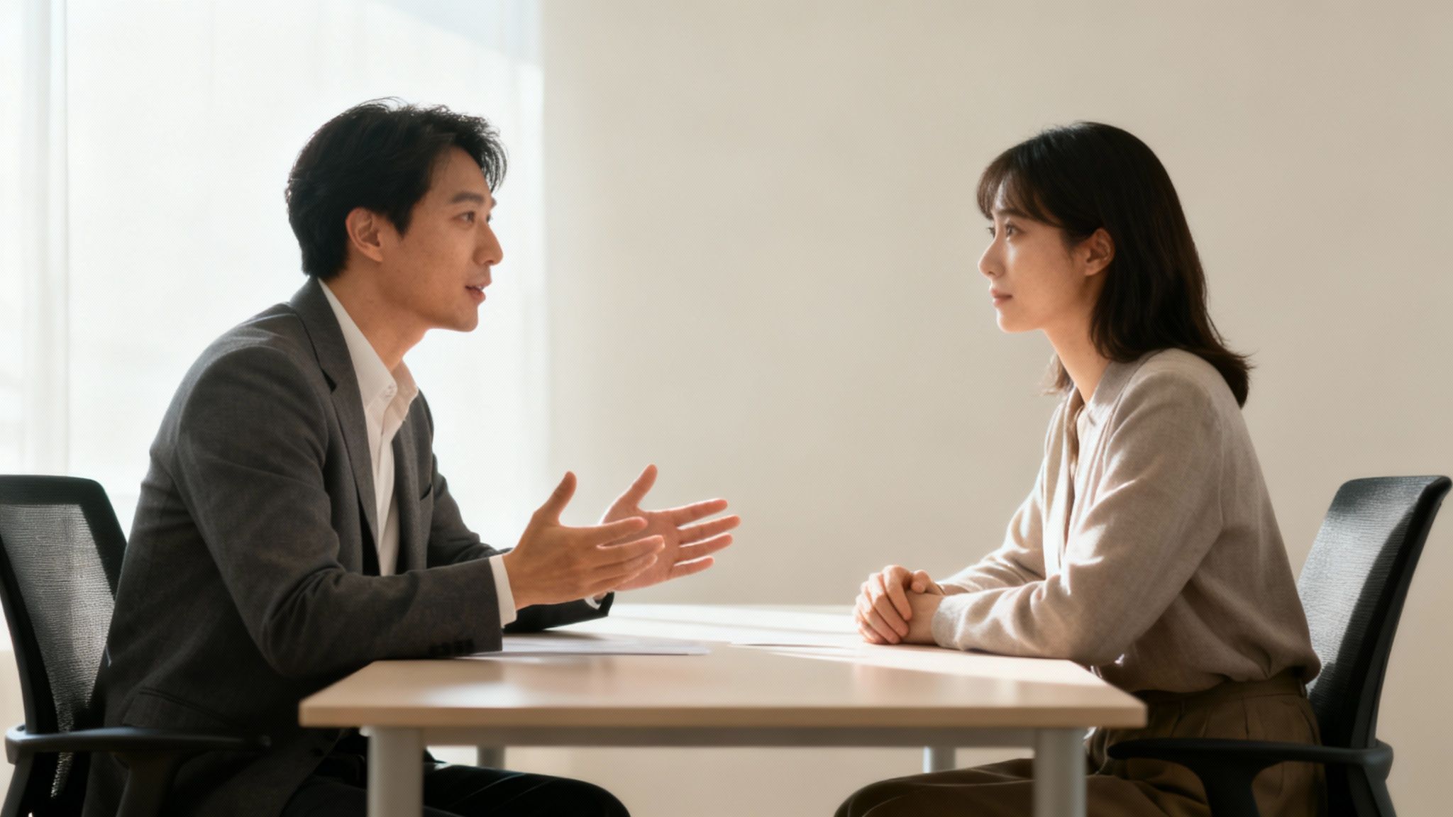 Two professionals, a man and a woman, engaged in a business discussion or interview at a desk.
