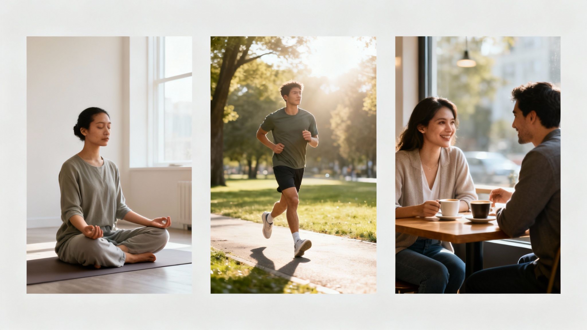 Three panels show a woman meditating, a man running, and a couple enjoying coffee.