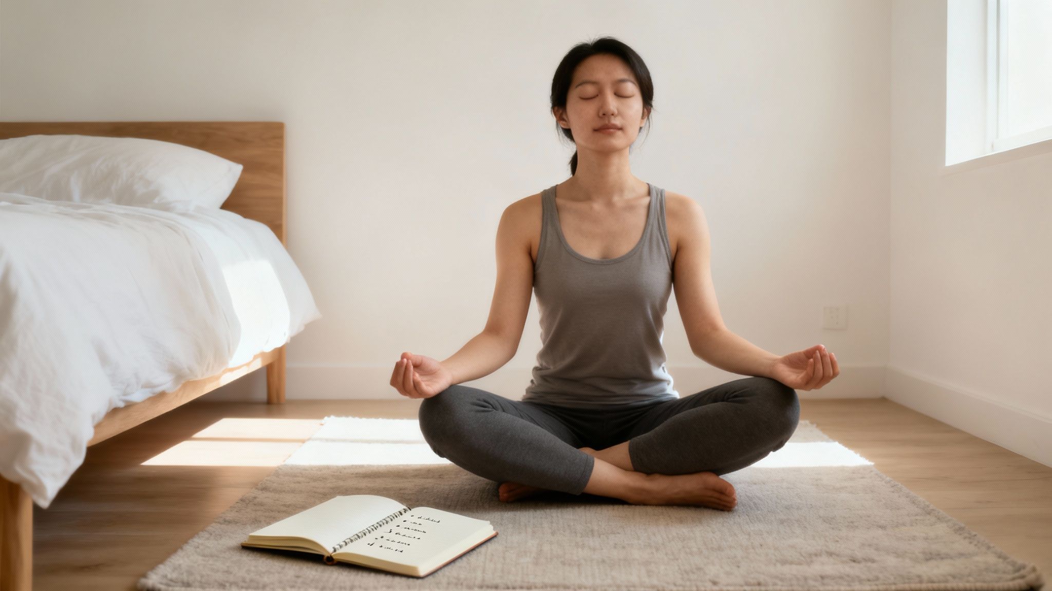 A woman meditating peacefully on a rug in a bright bedroom next to a bed and open notebook.