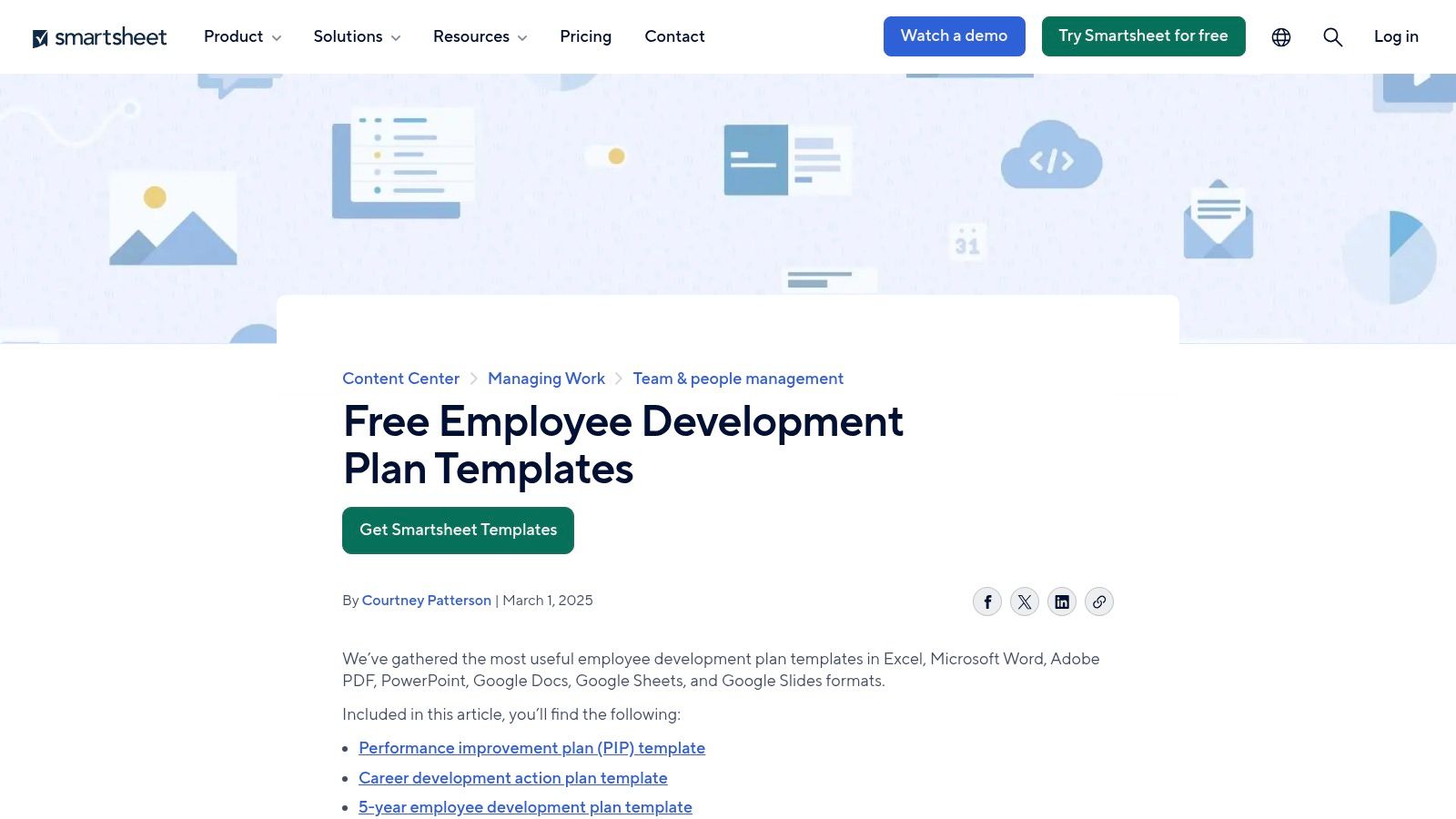 A screenshot of the Smartsheet website showing a personal development plan template.