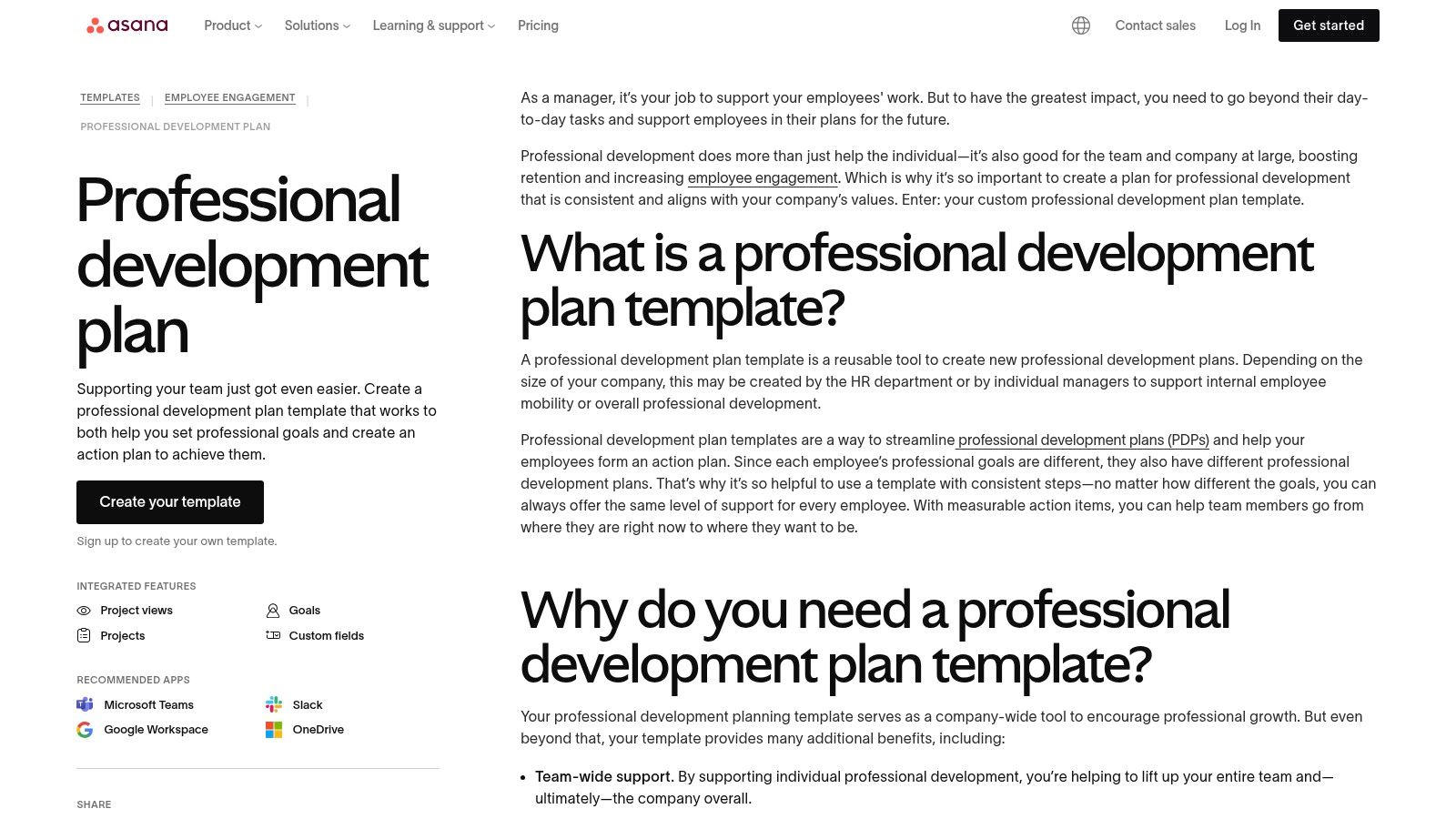 A screenshot of the Asana website showing its professional development plan template.