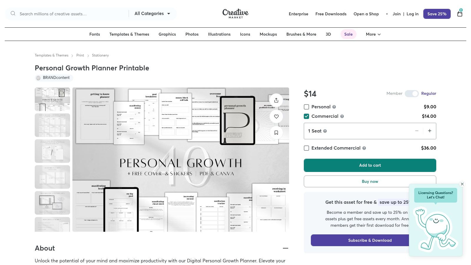 A screenshot of the Creative Market website displaying a personal growth planner template.