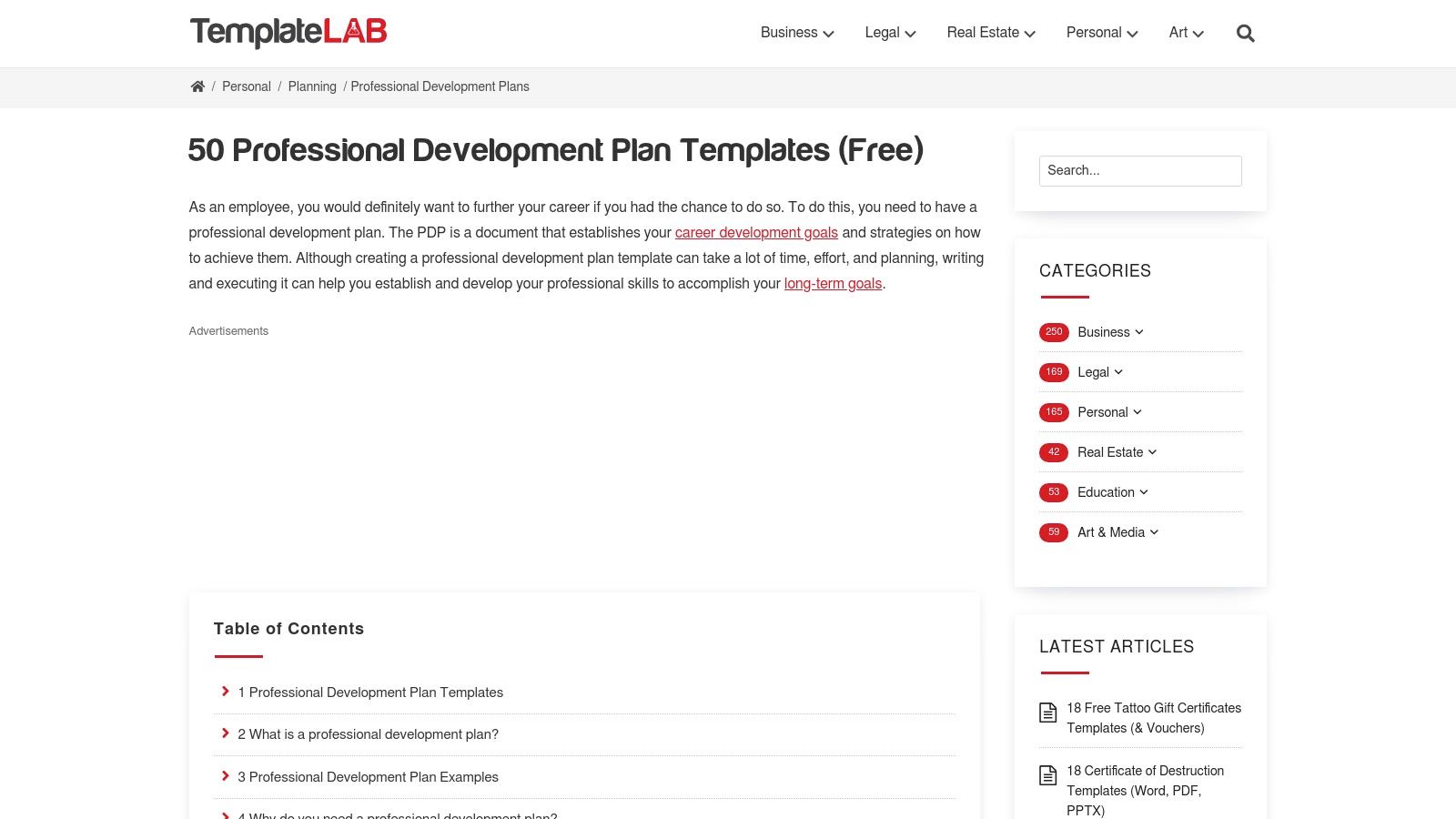 A screenshot of the TemplateLab website showing various professional development plan templates.