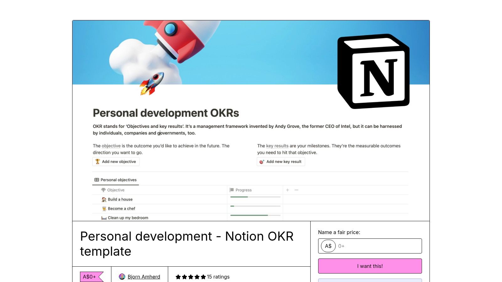 A screenshot of a Gumroad product page showing a Notion-based personal development plan template.