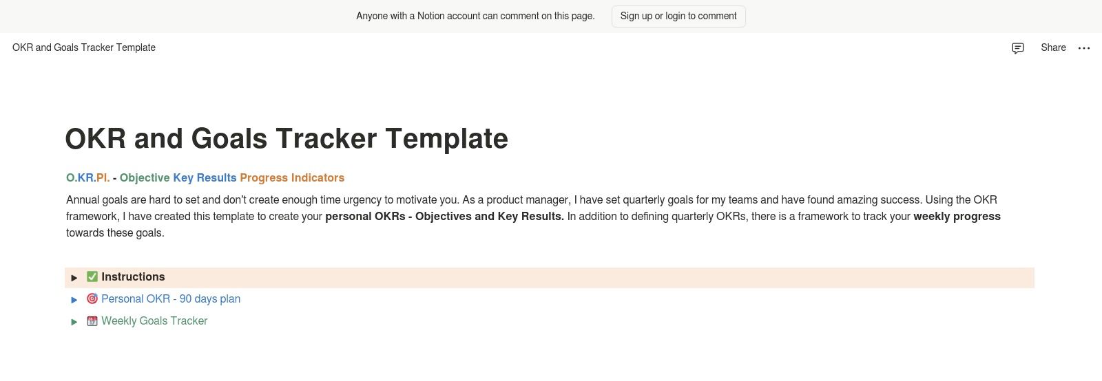 A screenshot of a Notion workspace showing a goals and OKR tracker template.
