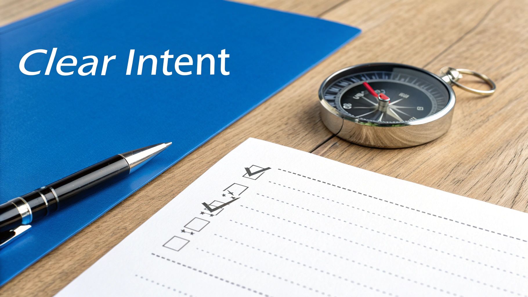 A blue folder labeled 'Clear Intent' with a pen, compass, and a partially checked checklist on a wooden desk.
