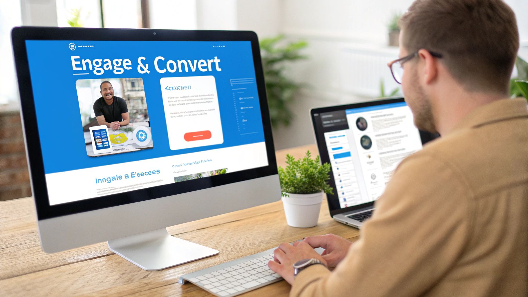 A man works on a desktop computer displaying a 'Engage & Convert' website and a laptop.