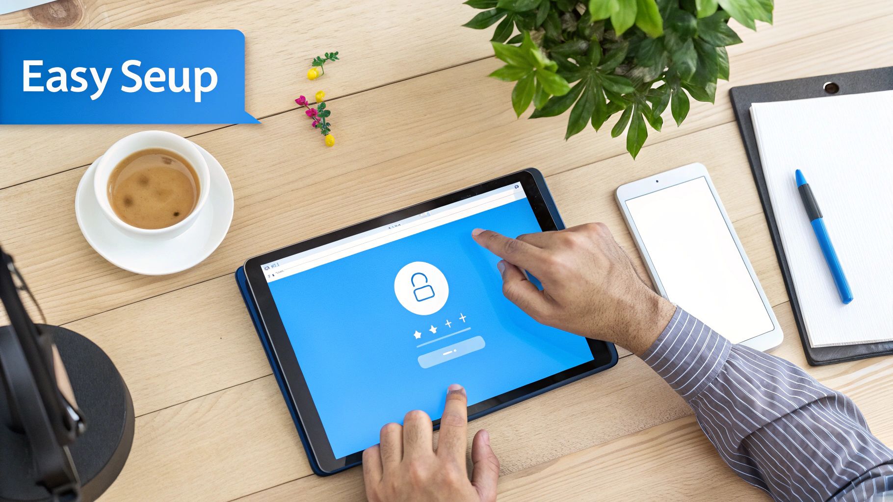 A person's hands interact with a tablet displaying a login screen, with an 'Easy Setup' speech bubble.