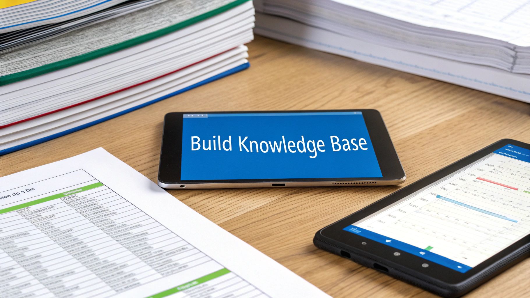 A tablet screen displays 'Build Knowledge Base' on a wooden desk with other papers and devices.