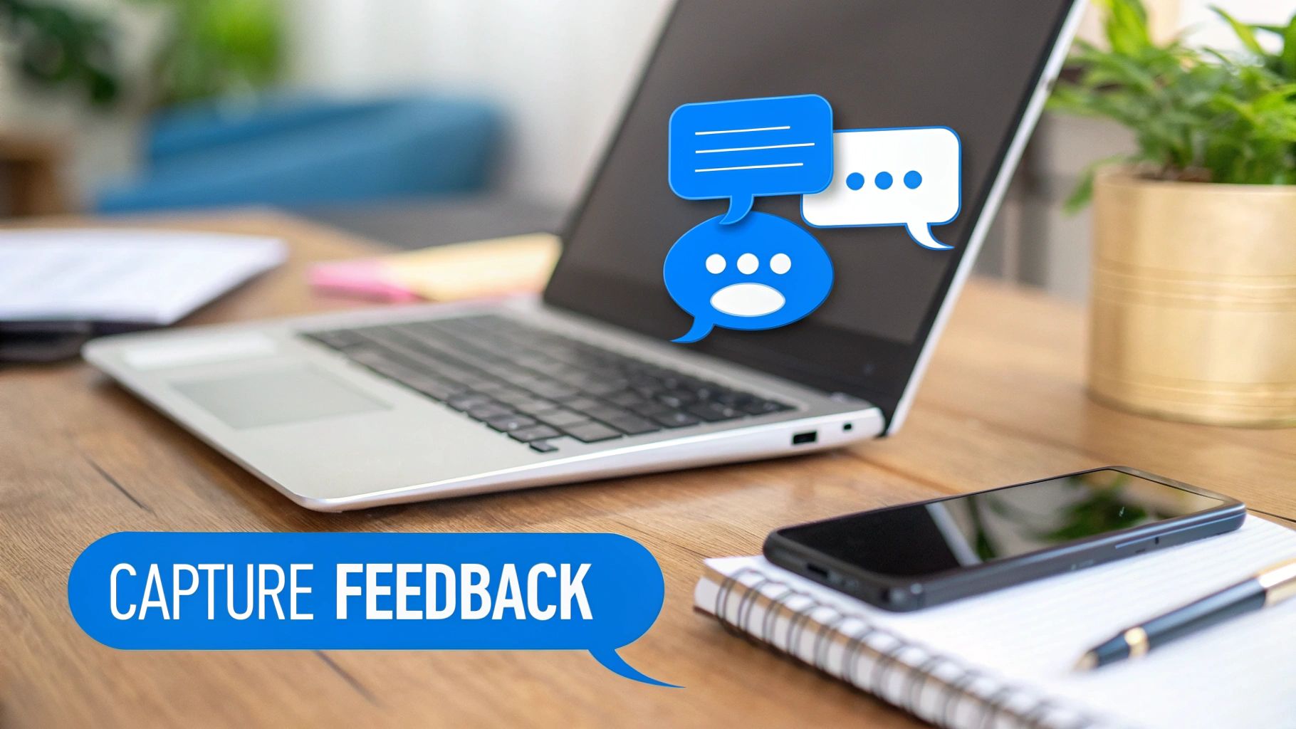 A laptop displays chat bubbles on its screen, alongside a smartphone and notebook on a wooden desk with 'CAPTURE FEEDBACK' text.