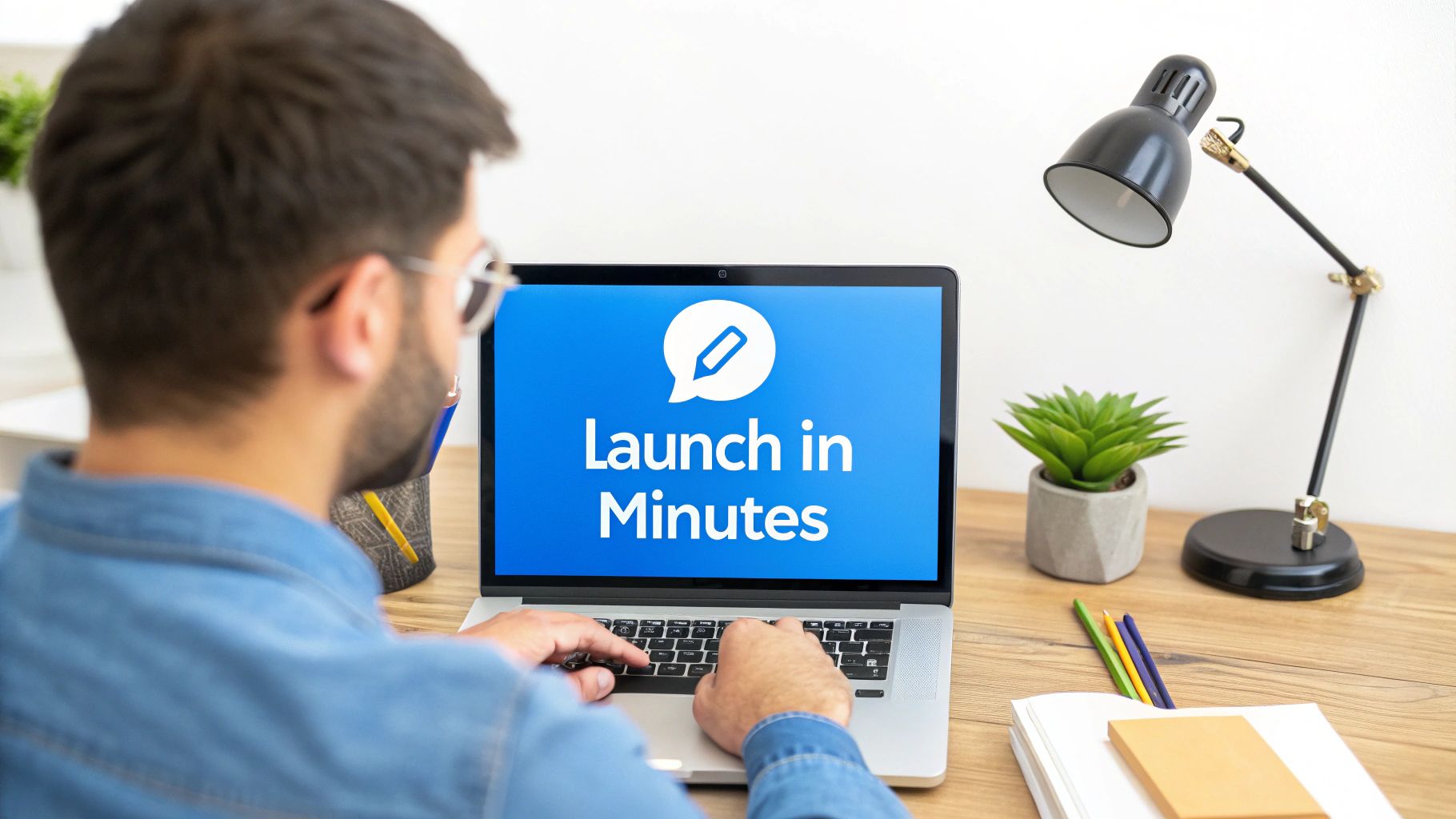 A man works on a laptop displaying 'Launch in Minutes' on the screen, in a modern office.