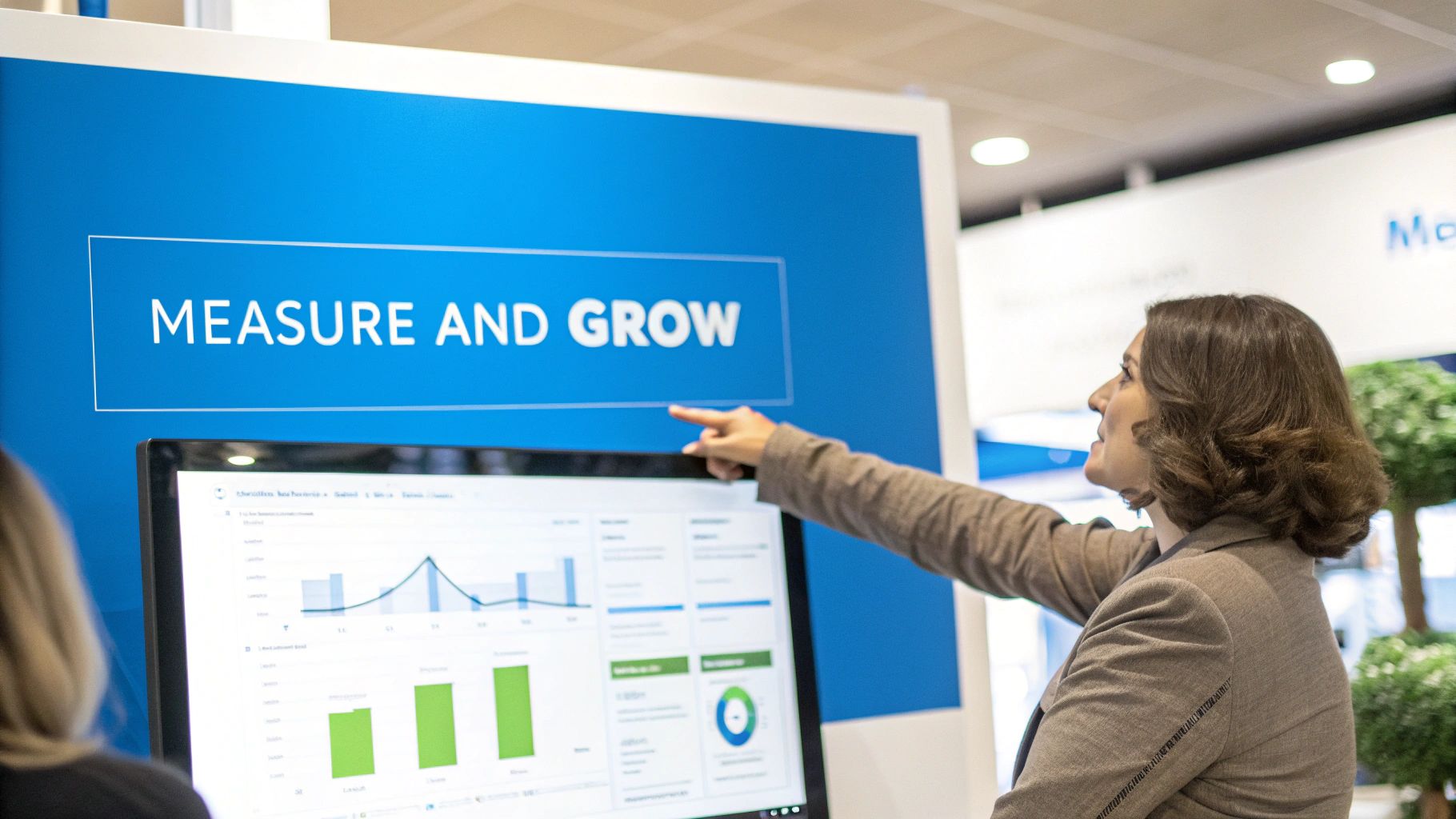 Woman pointing at a 'MEASURE AND GROW' sign above a monitor displaying business analytics.