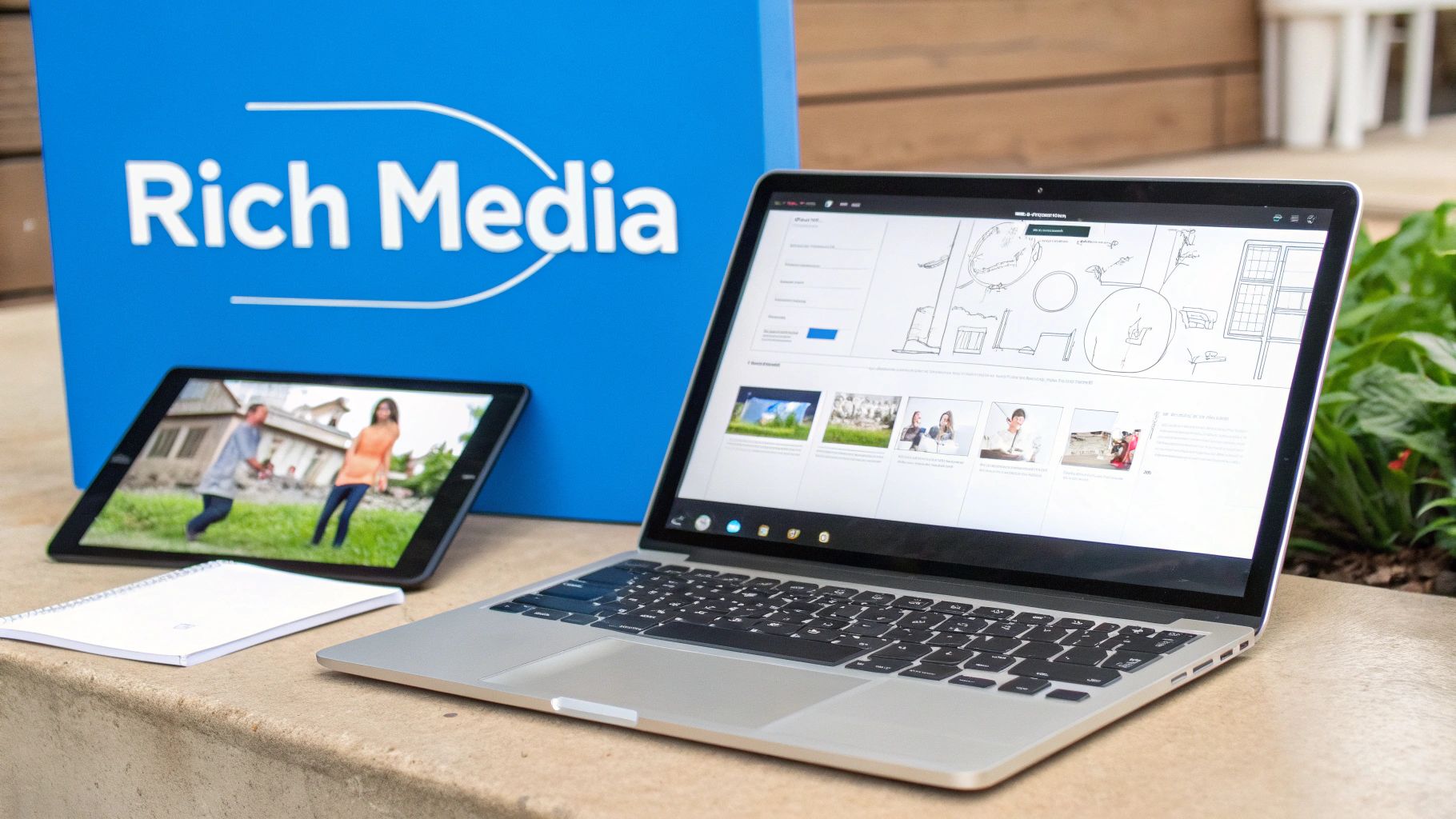 A silver laptop and a tablet displaying a video next to a blue 'Rich Media' sign, showcasing digital content.