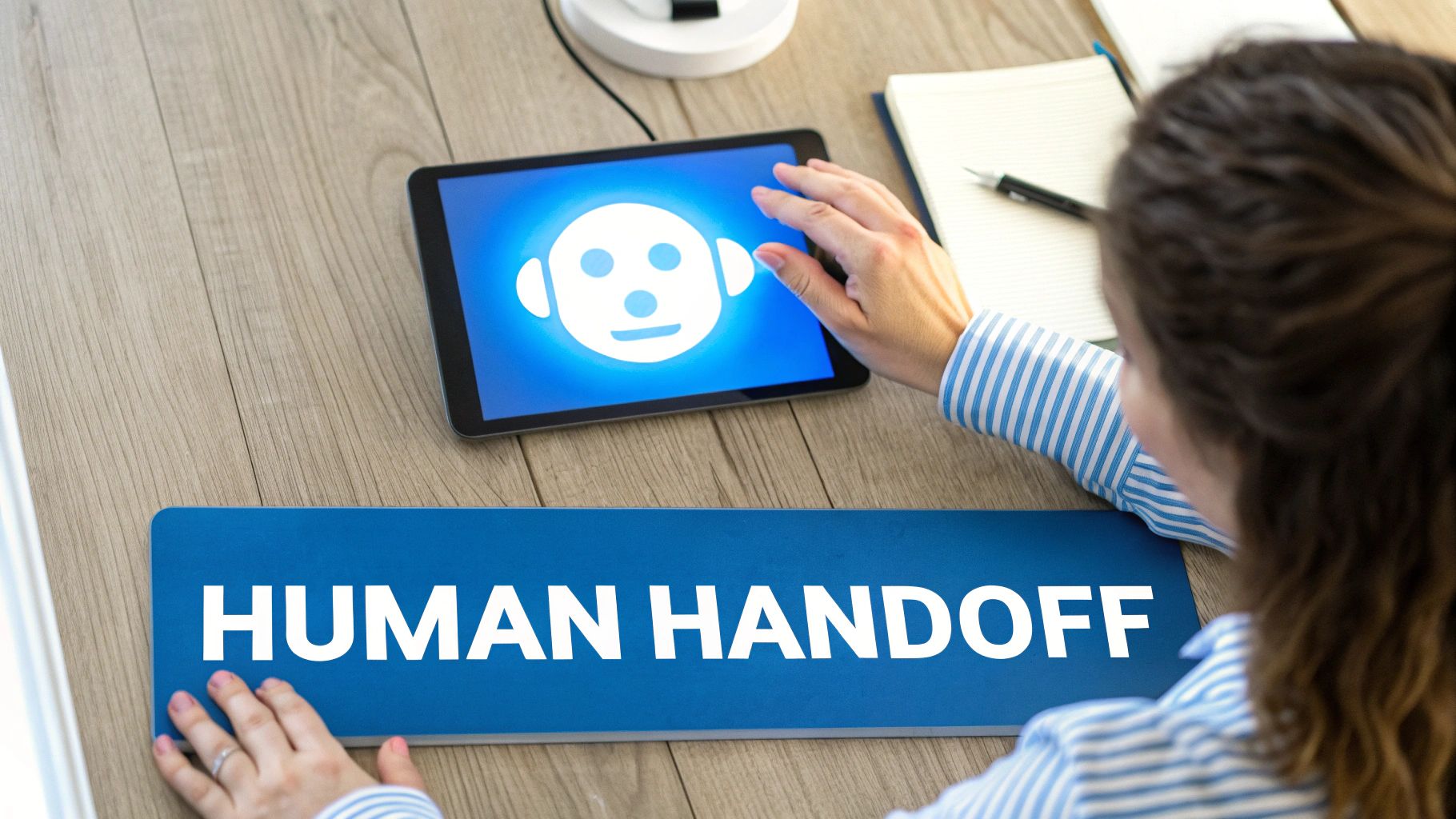 A person's hands interact with a tablet showing a robot icon, alongside a blue mat with 'HUMAN HANDOFF' text.