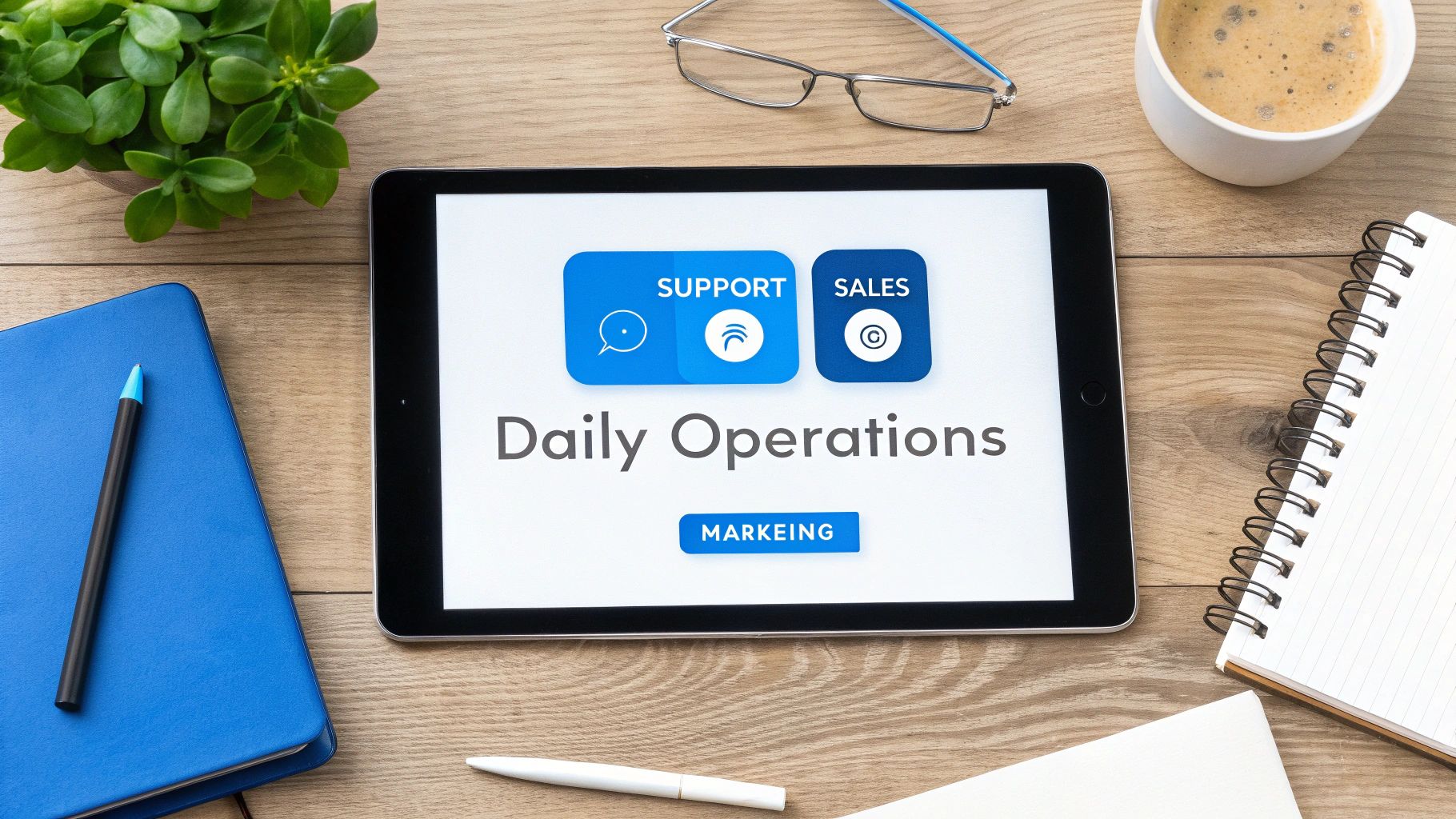 A tablet displays 'Daily Operations' with business functions on a wooden desk with office supplies.