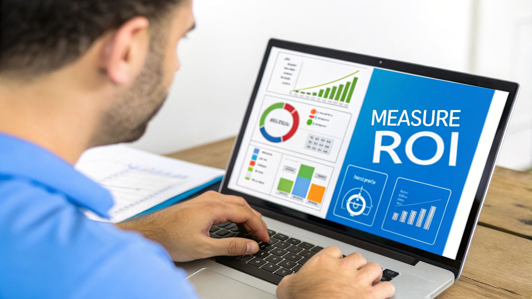 Over-the-shoulder view of a man analyzing ROI data and charts on a laptop.