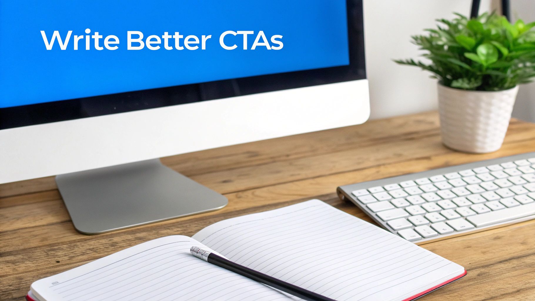A desk setup with a computer displaying 'Write Better CTAs', a notebook, pencil, keyboard, and plant.