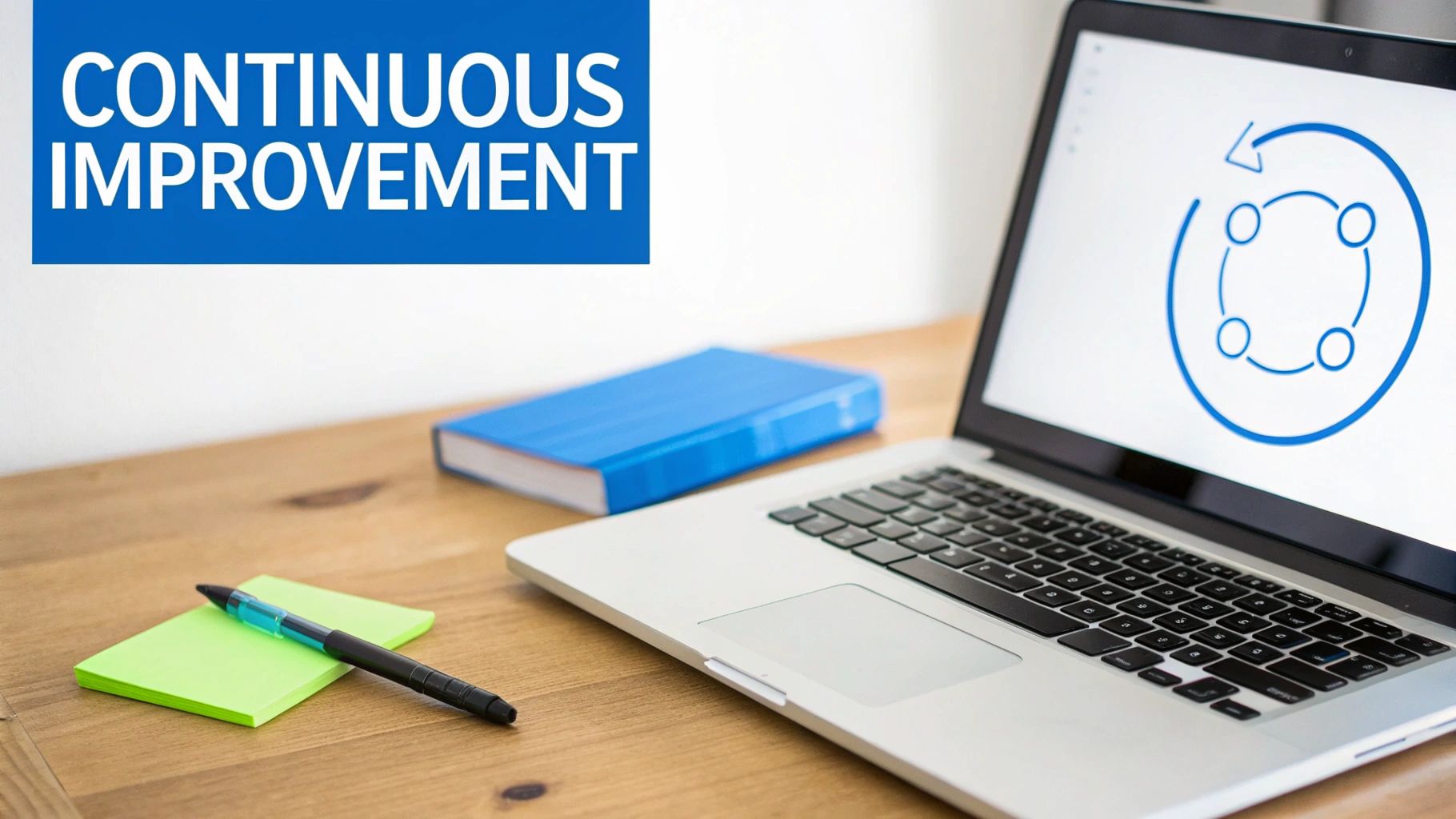 Laptop with continuous improvement cycle on screen, a book, and sticky notes on a desk. Text: Continuous Improvement.