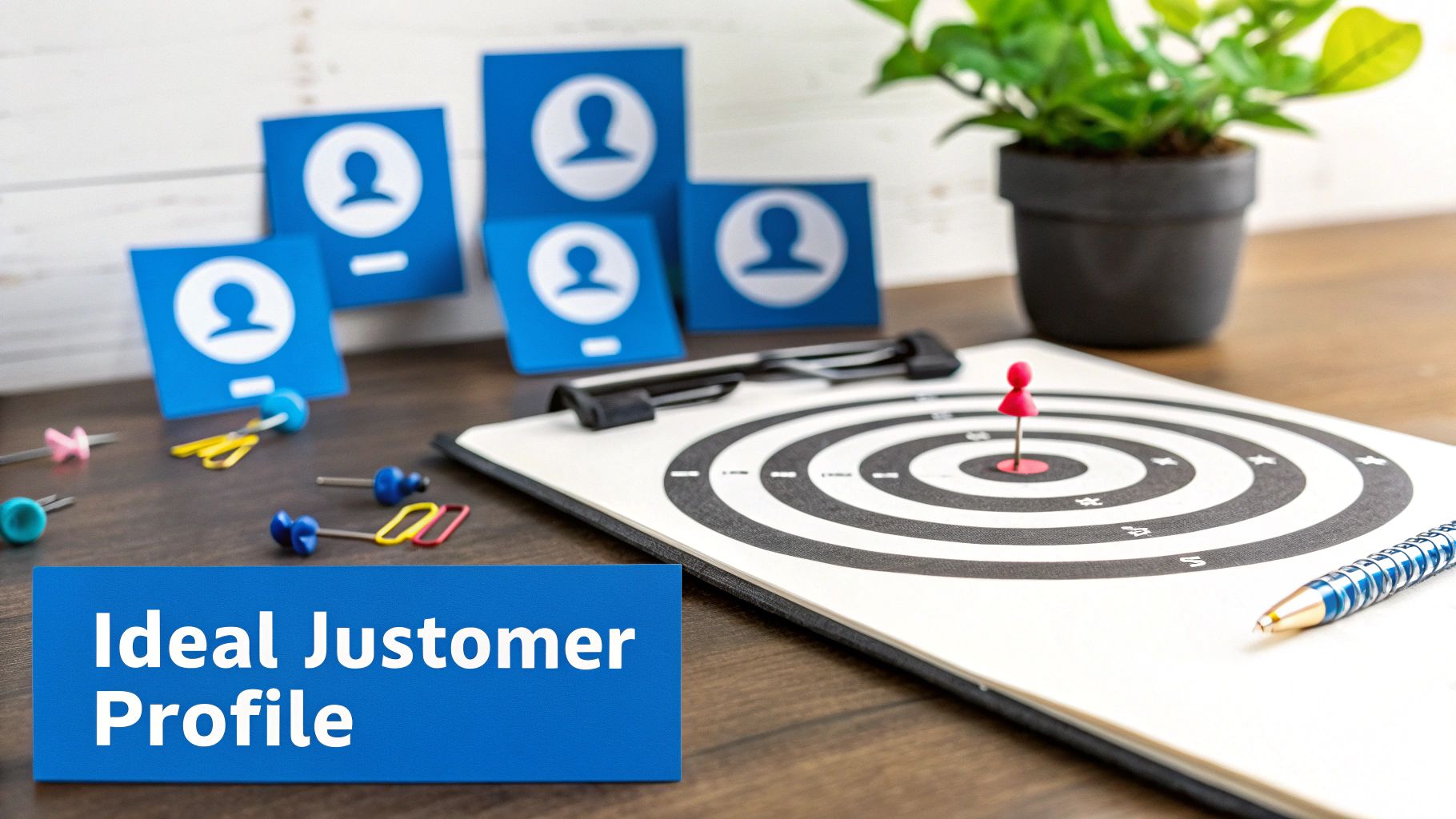 Blue cards with person icons and a target board with a red thumbtack, symbolizing an ideal customer profile.