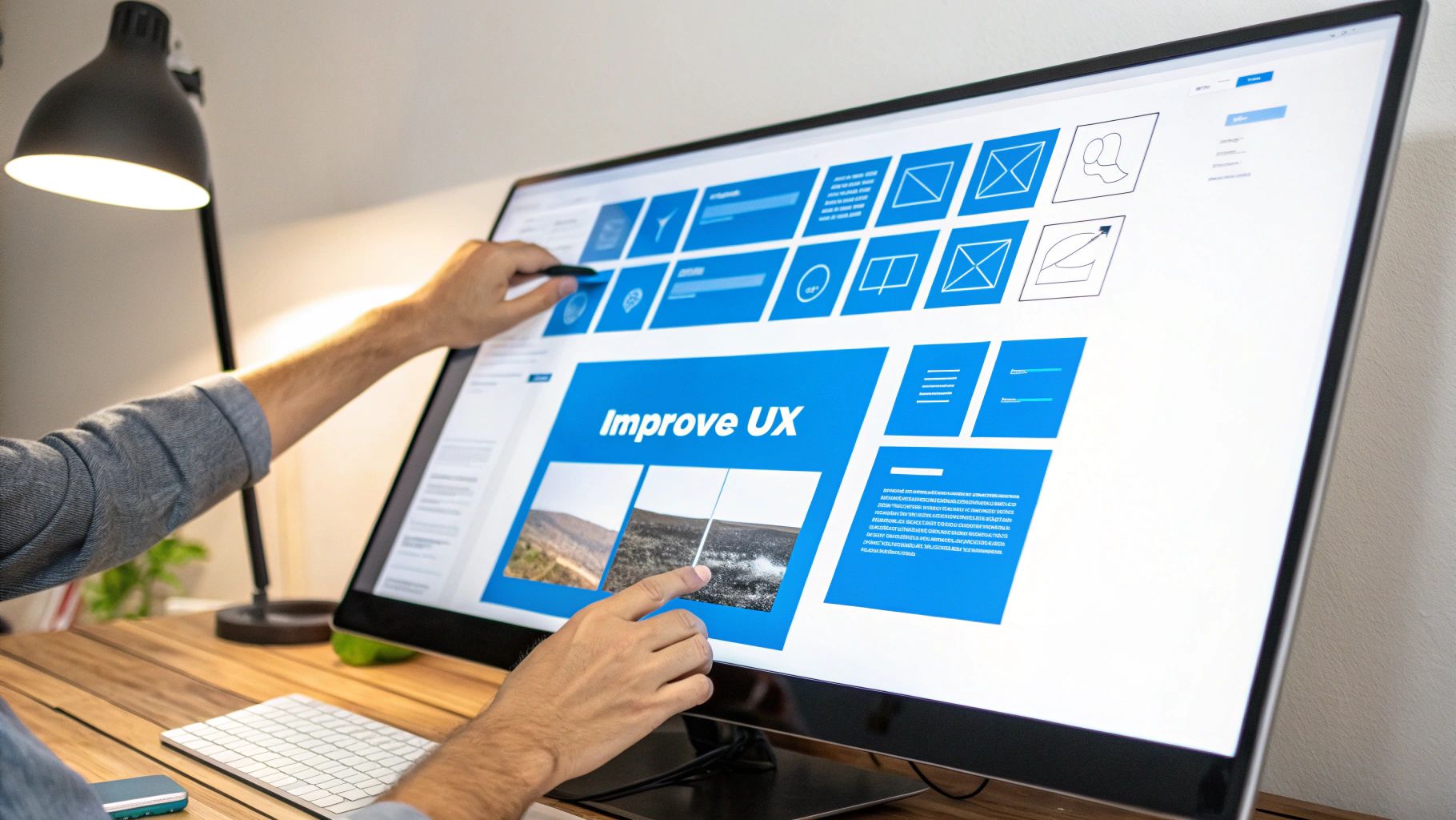A person uses a stylus and hand to design a user interface on a large touchscreen, displaying "Improve UX".