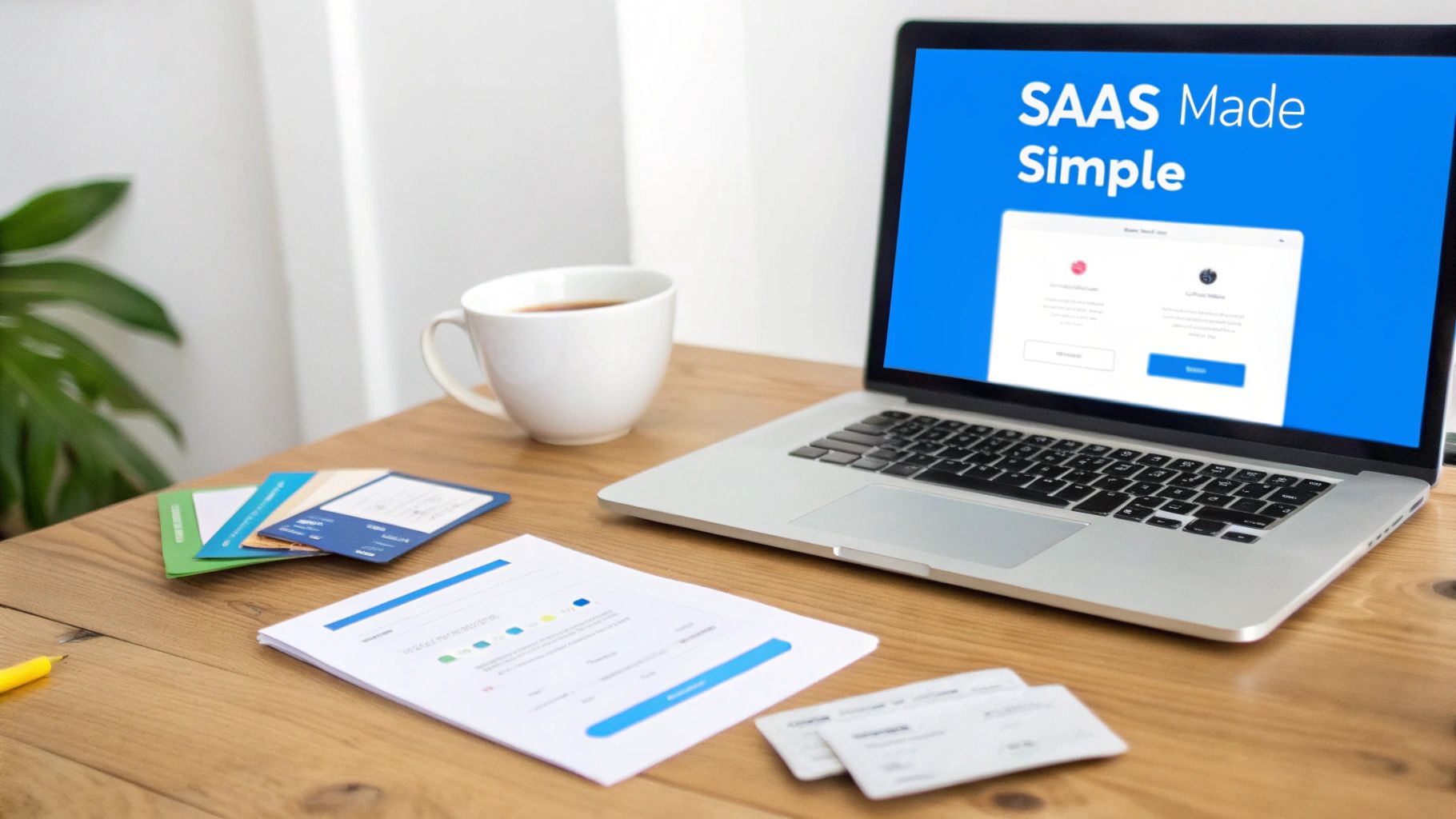 A modern workspace with a laptop showing "SAAS Made Simple", coffee, and documents on a wooden desk.