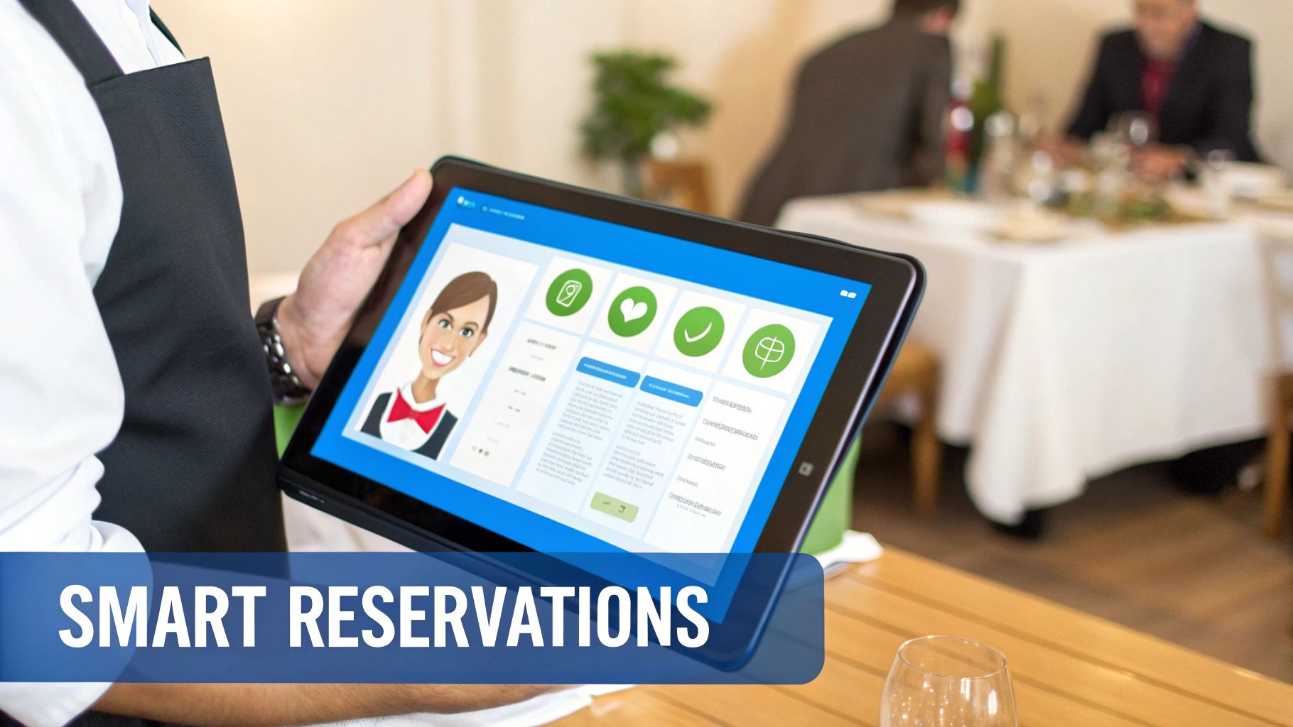 A server holds a tablet displaying a smart restaurant reservation application with an avatar and green icons.