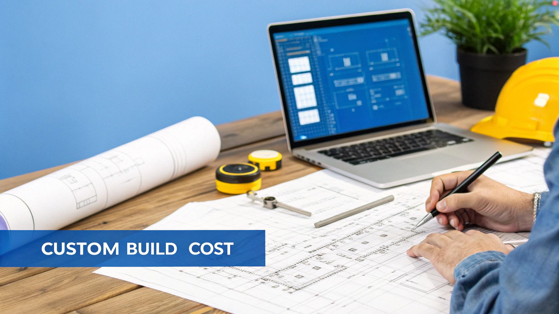 Architect designing custom building plans on a desk with a laptop and blueprints.