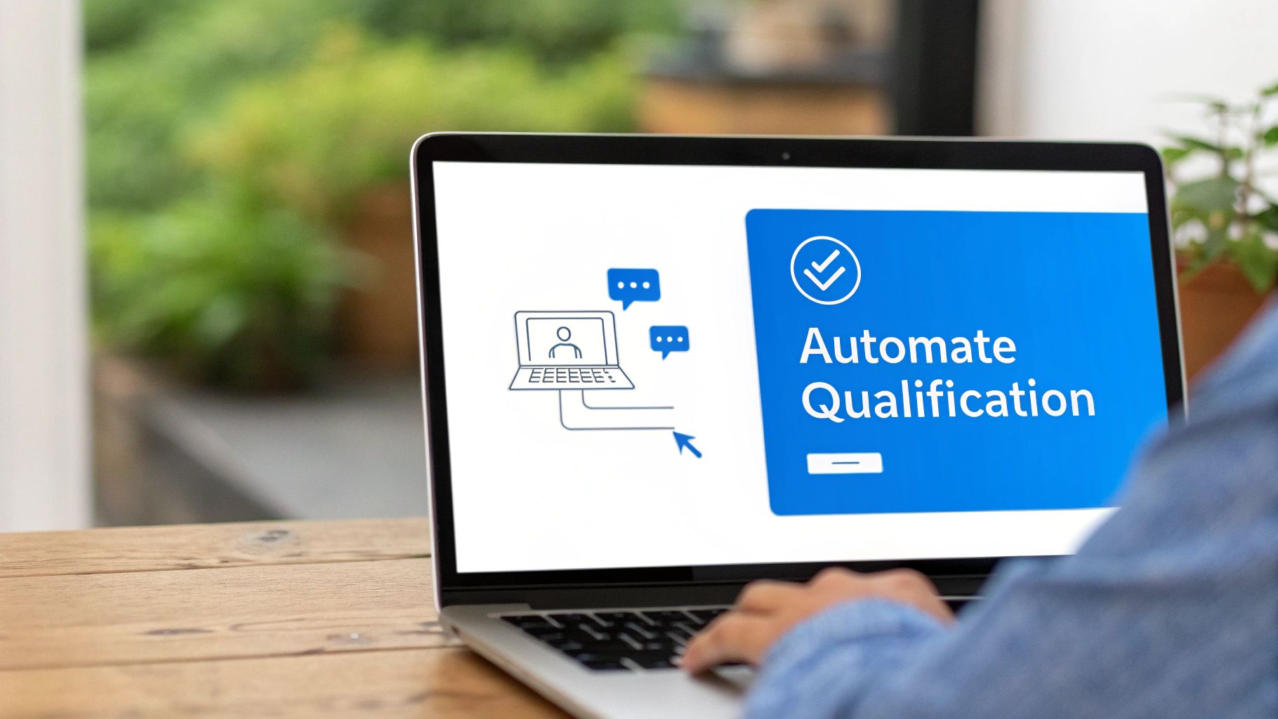 Hands typing on a laptop with a screen showing 'Automate Qualification' and a process diagram.