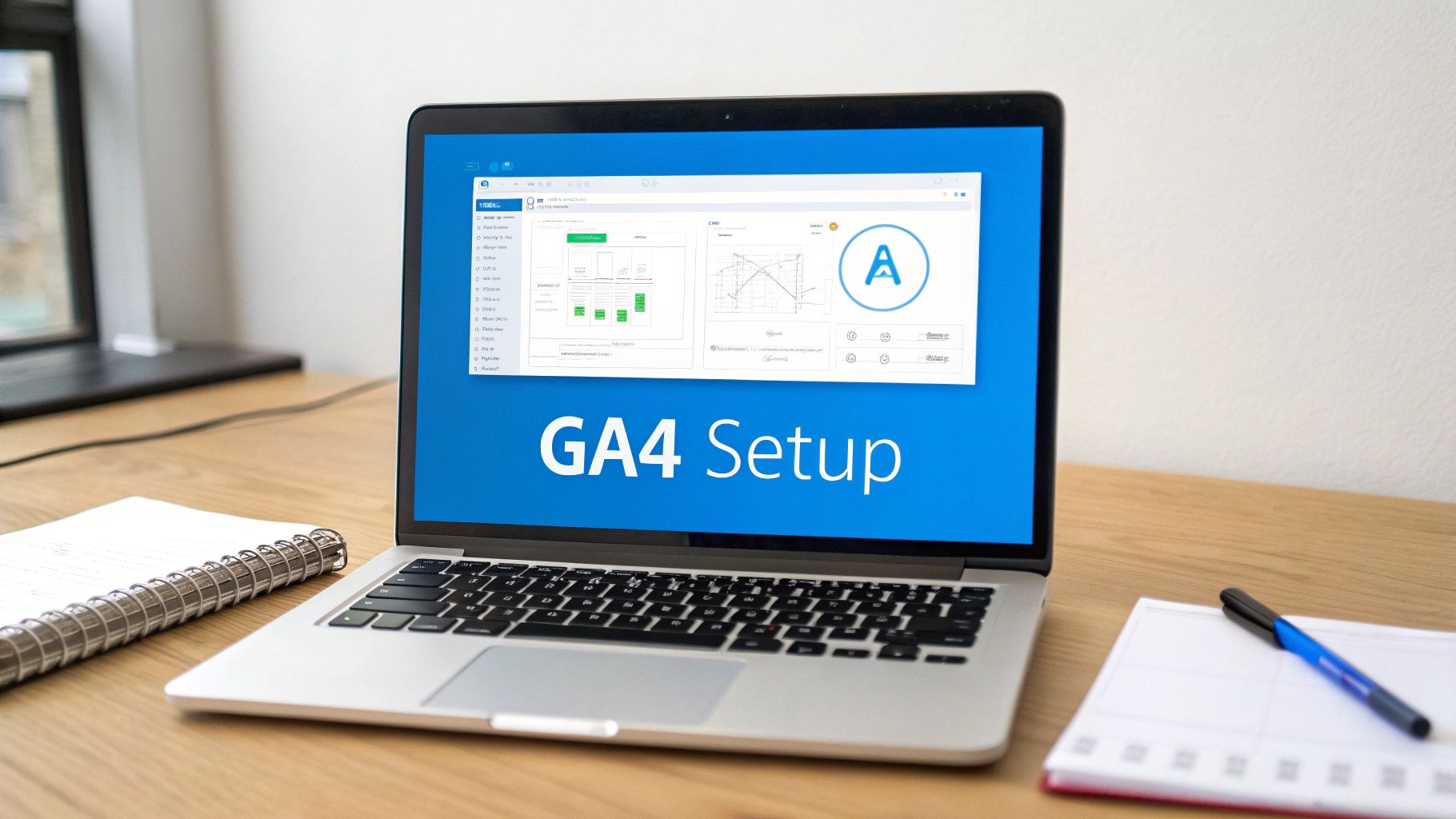 A laptop displaying "GA4 Setup" on its screen, with a notebook and pen on a wooden desk.