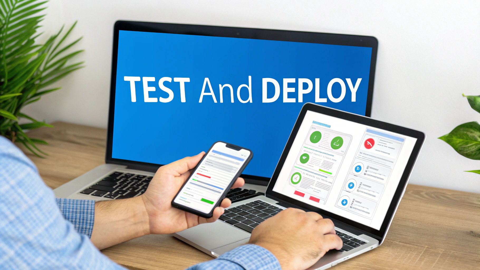 A person tests and deploys software on a laptop and smartphone, showing the development process.