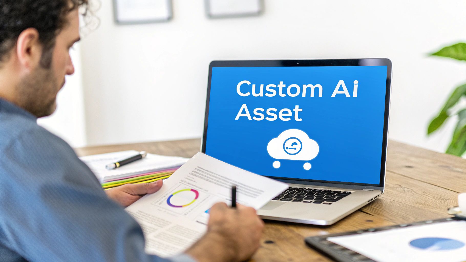 Man reviews documents at a wooden desk with a laptop displaying 'Custom Ai Asset' and a cloud icon.