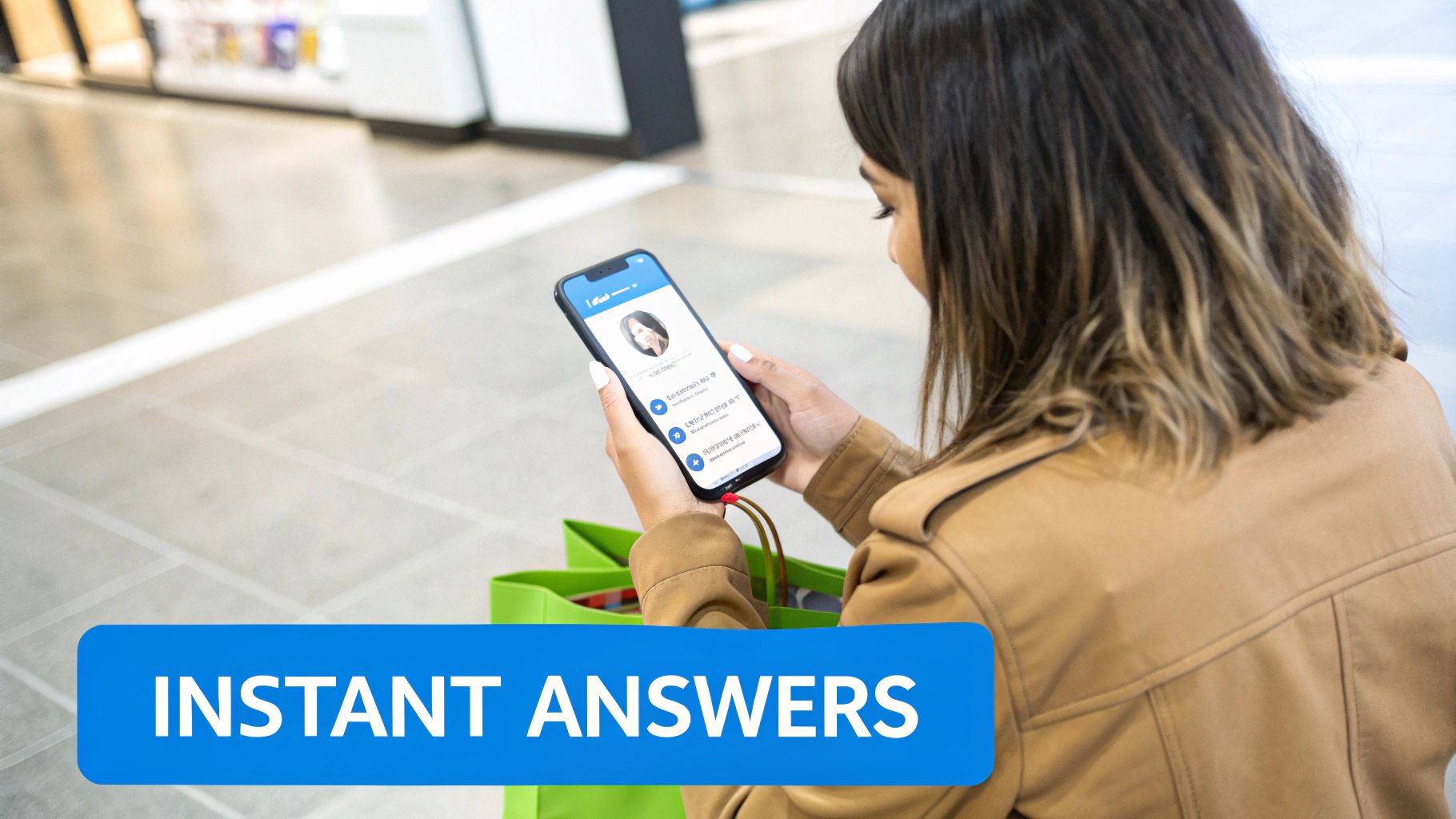 A woman holding a smartphone displaying an app interface with a profile, while shopping in a store.