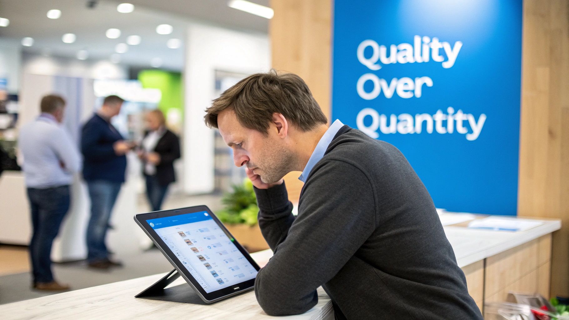 A focused man examines a tablet displaying products or data in a modern showroom.