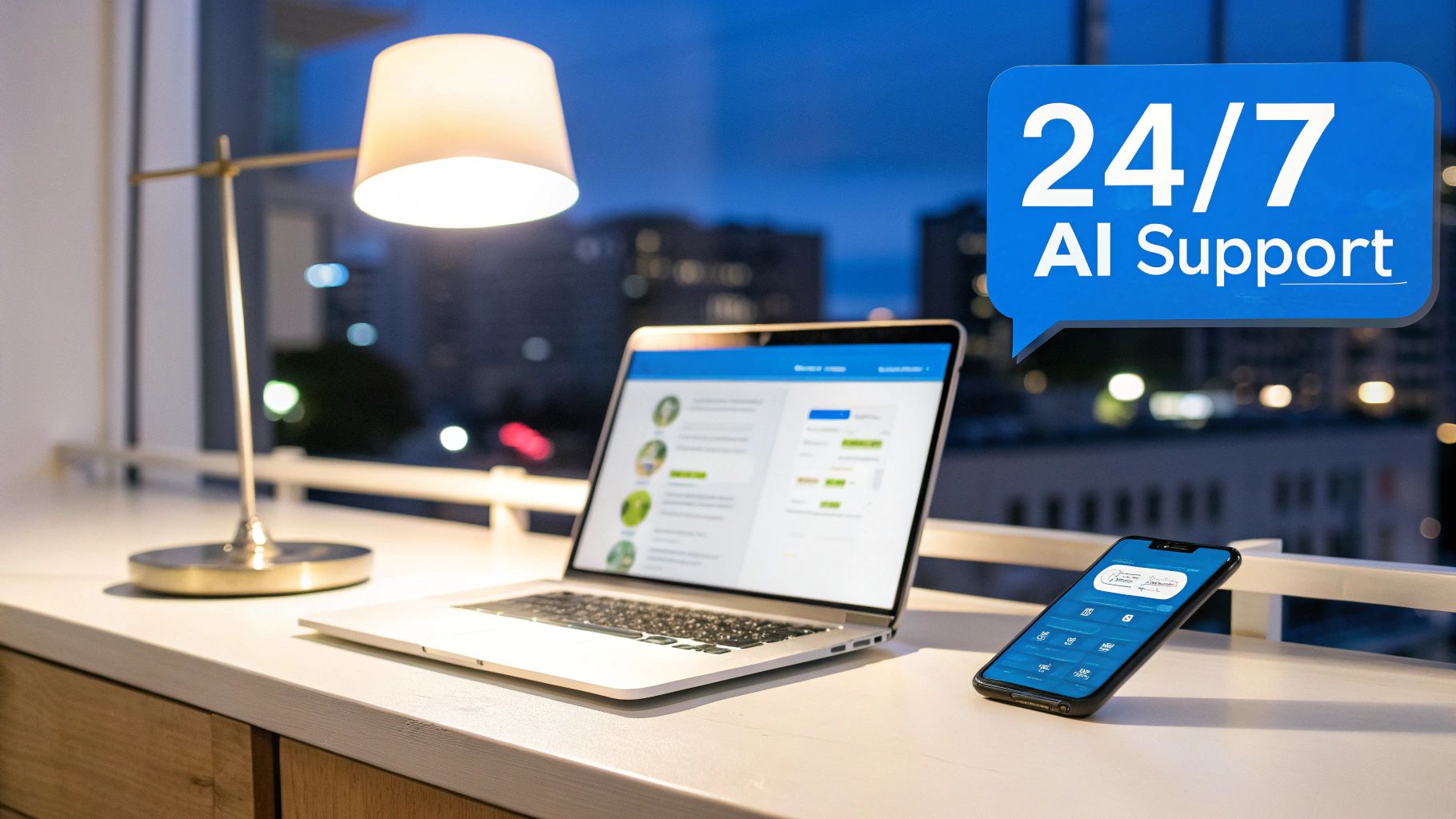 Modern workspace with laptop, smartphone, and desk lamp, highlighting 24/7 AI support services.