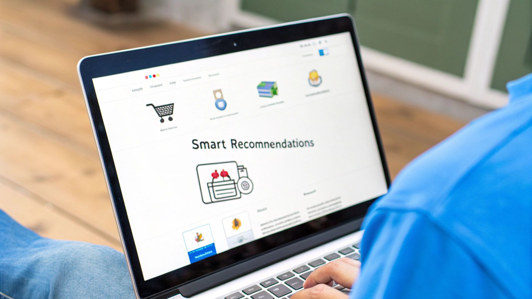 A person's hands typing on a laptop screen displaying "Smart Recommendations" for e-commerce.