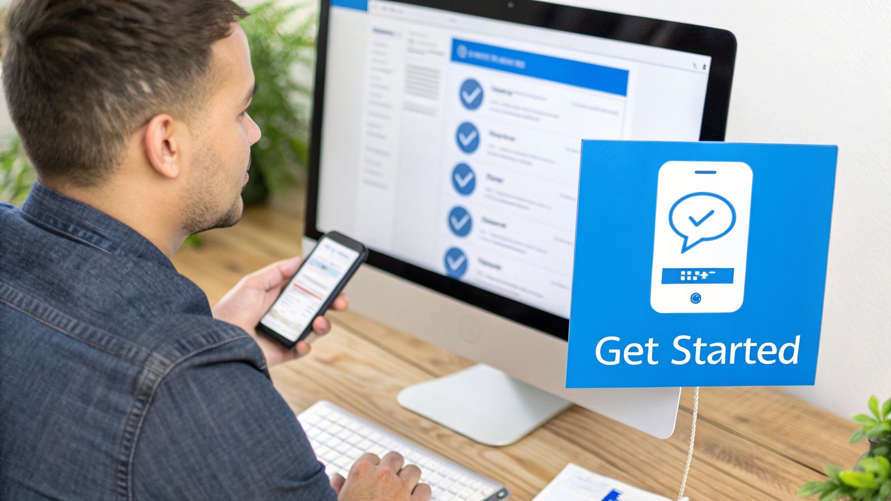 A man uses a smartphone while looking at a computer screen displaying a messaging interface, with a 'Get Started' sign.