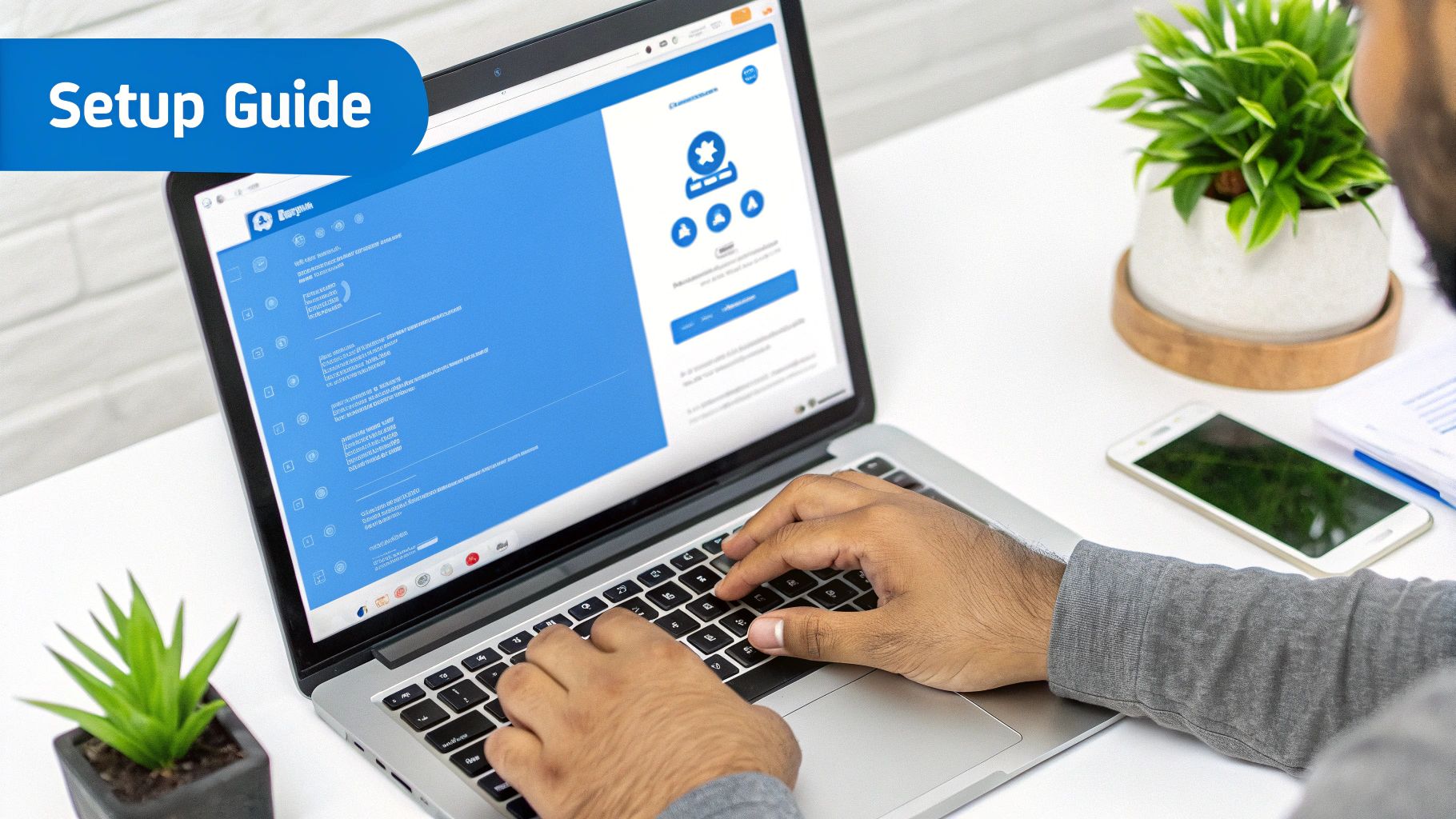 A person using a laptop with a "Setup Guide" overlay, working on a white desk.