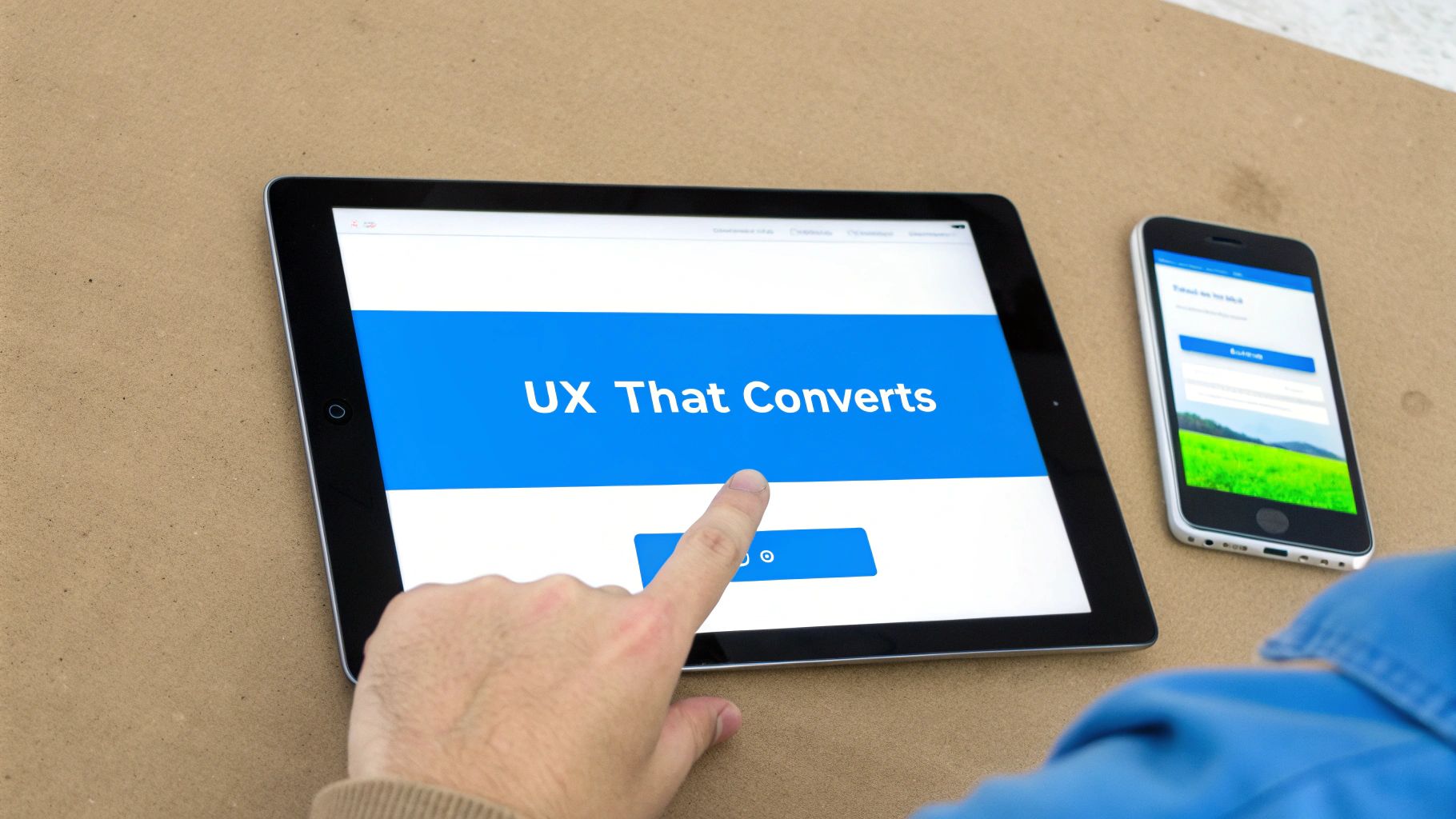 A hand taps a tablet displaying 'UX That Converts' next to a smartphone with a login screen.