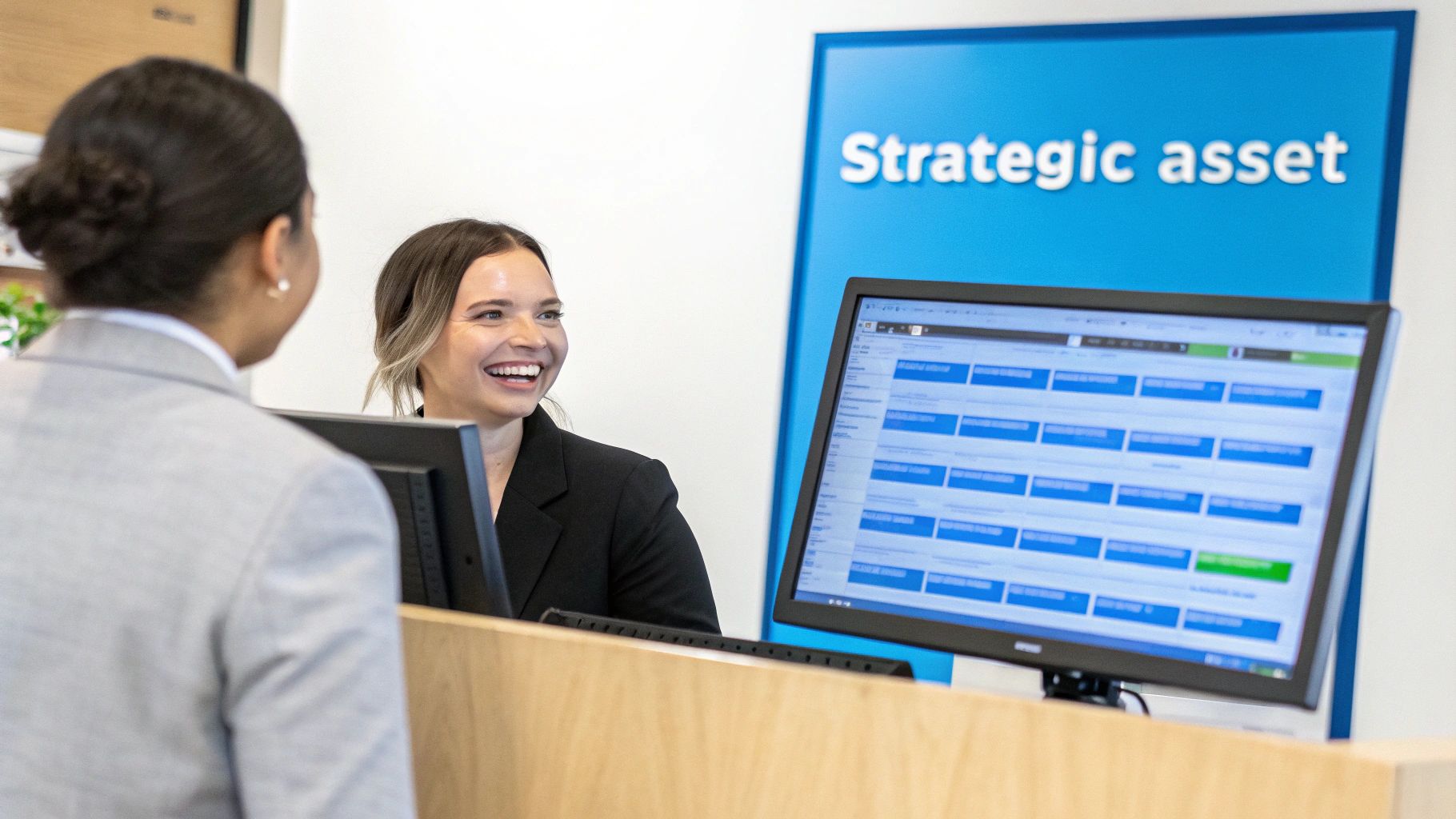 A smiling woman behind an office desk interacting with a colleague, with a 'Strategic asset' sign.