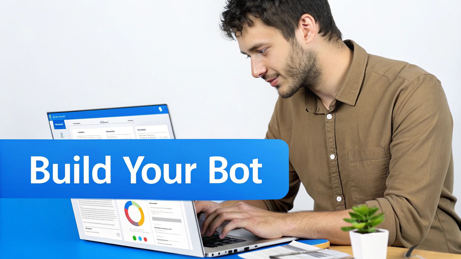 A man focused on his laptop screen with 'Build Your Bot' banner, working on AI bot development.