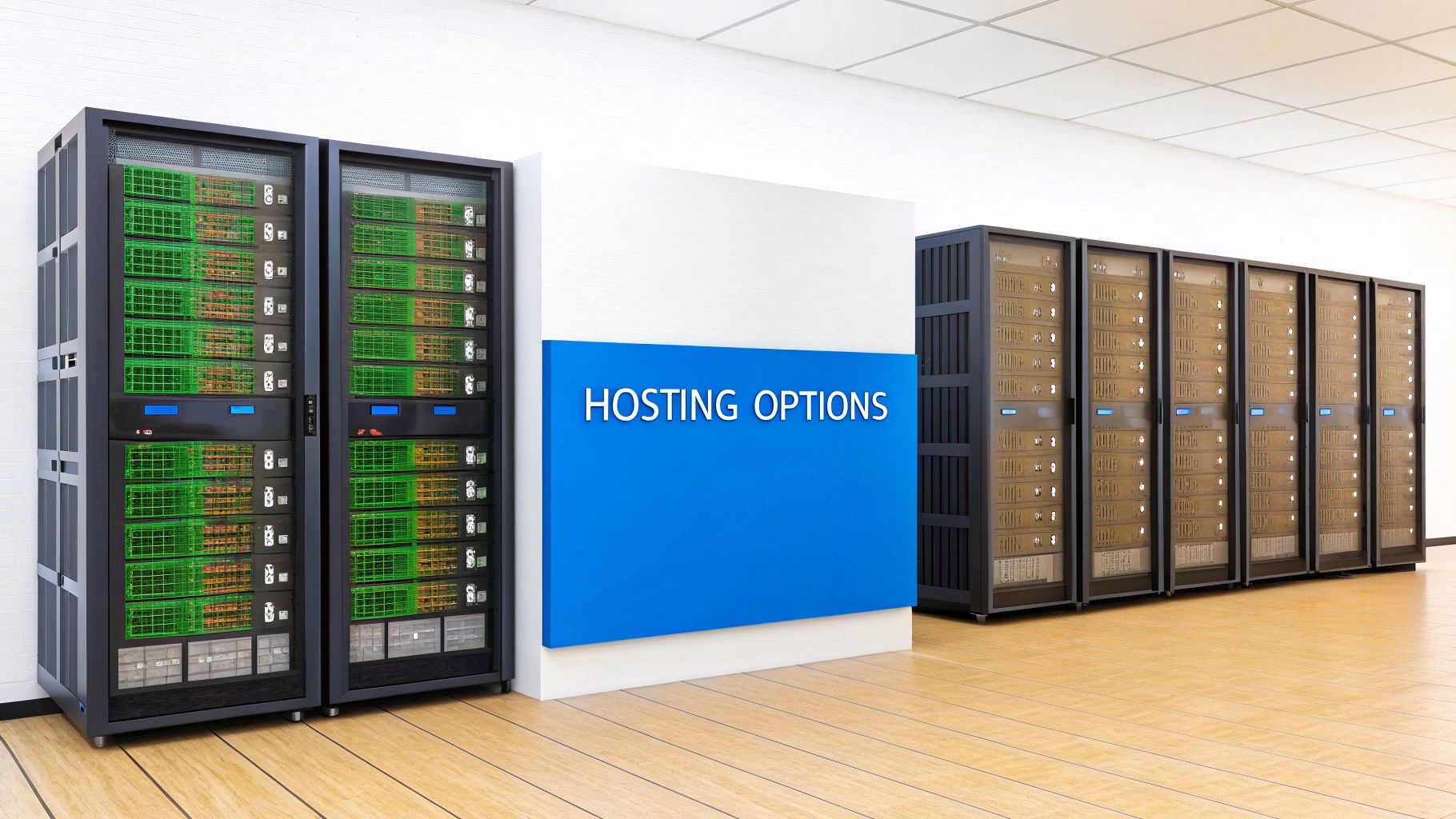 A server room with multiple black beige server racks and a blue 'HOSTING OPTIONS' sign.
