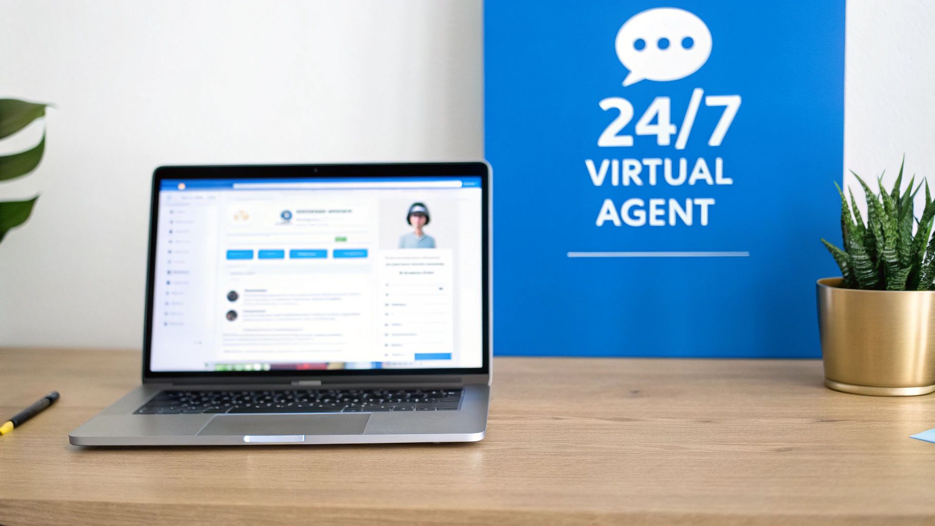 A person interacting with an AI chatbot on a laptop, illustrating a business application.