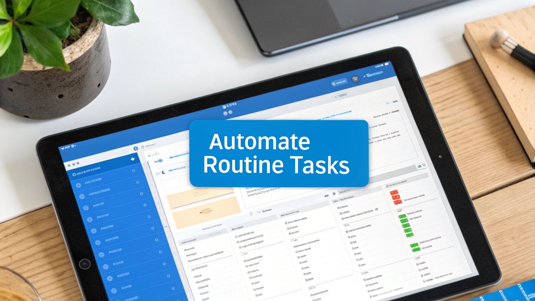 A tablet displaying a business application with a blue banner reading 'Automate Routine Tasks' on a desk.