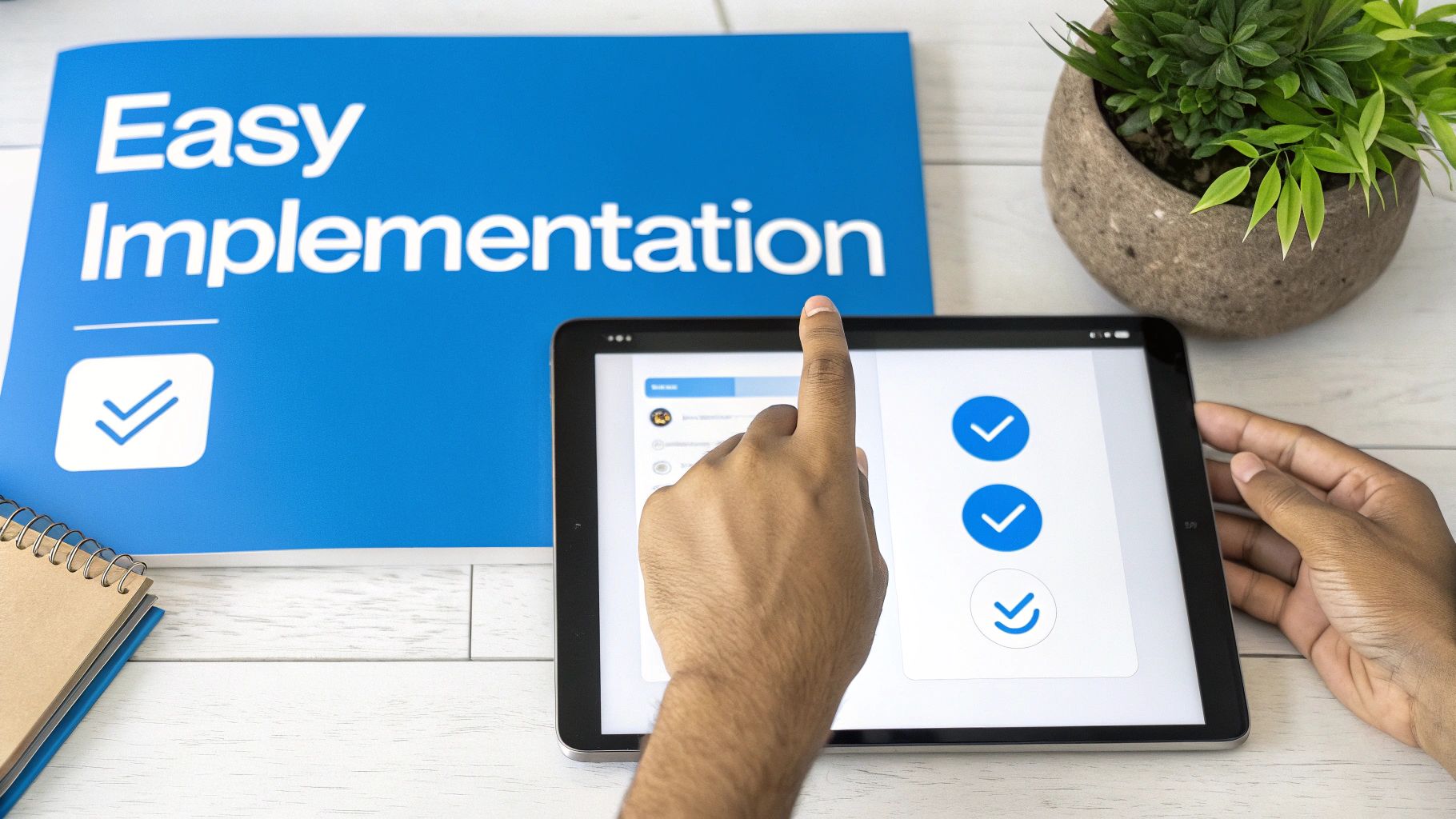 Hands interacting with a tablet displaying checkmarks, next to a blue folder titled 'Easy Implementation'.